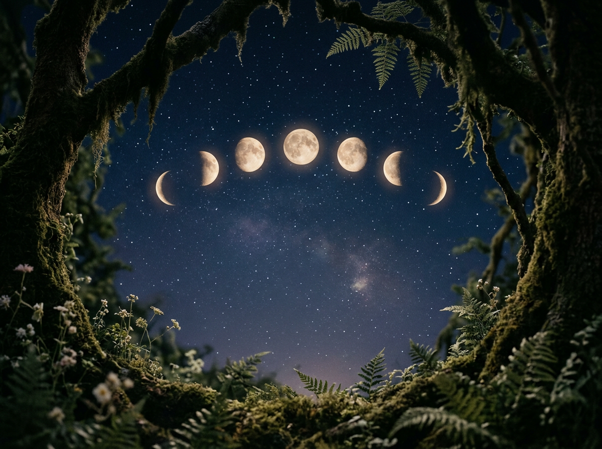 Night sky with stars and the Milky Way galaxy, featuring moons in various phases arranged in an arc. The scene is framed by moss-covered tree branches and ferns.