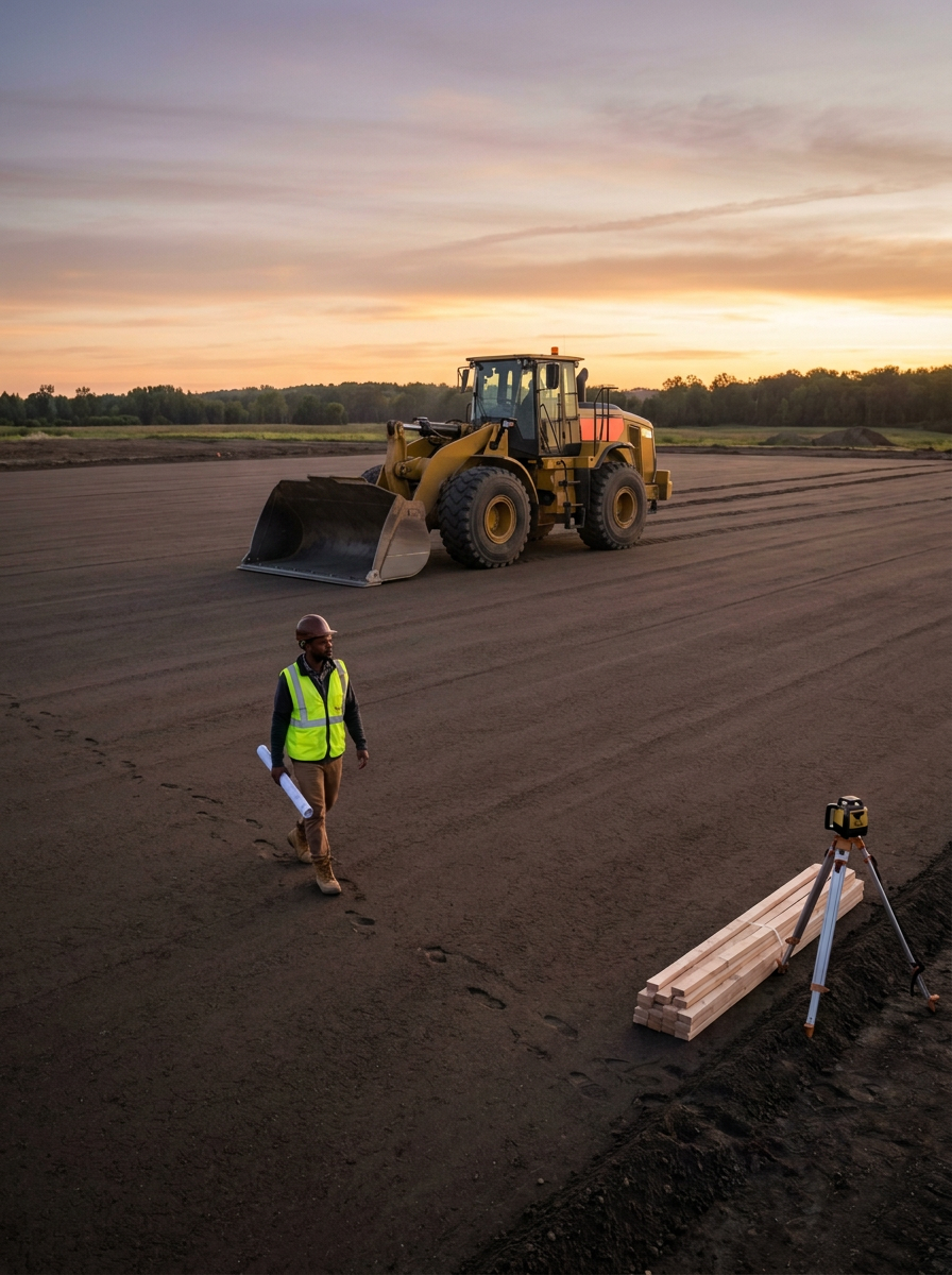 Construction worker wearing a yellow safety vest and a helmet walking on freshly laid dirt or pavement, with a bulldozer in the background and a level on a tripod and a stack of lumber on the side, during sunset.
