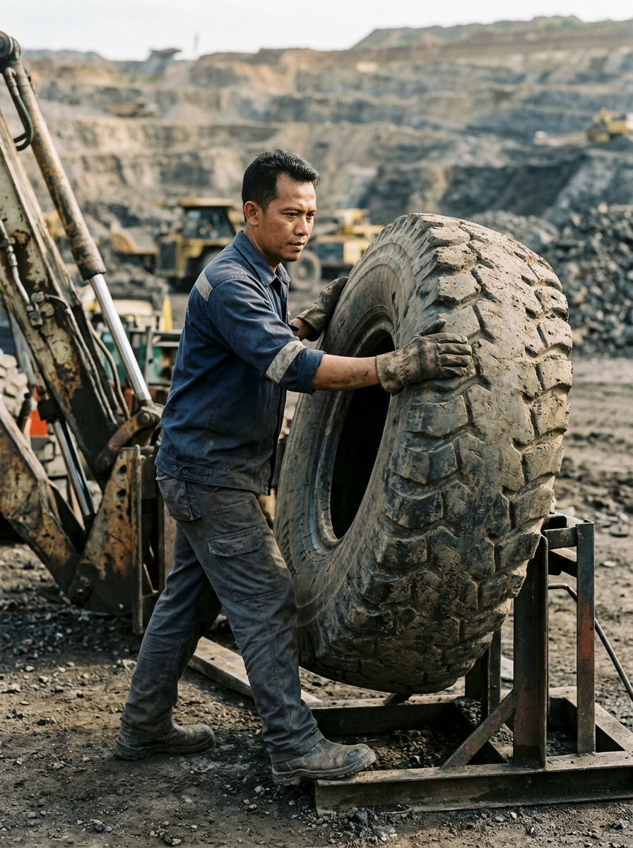 A man working at an open-pit mine, handling a large tire using heavy machinery.