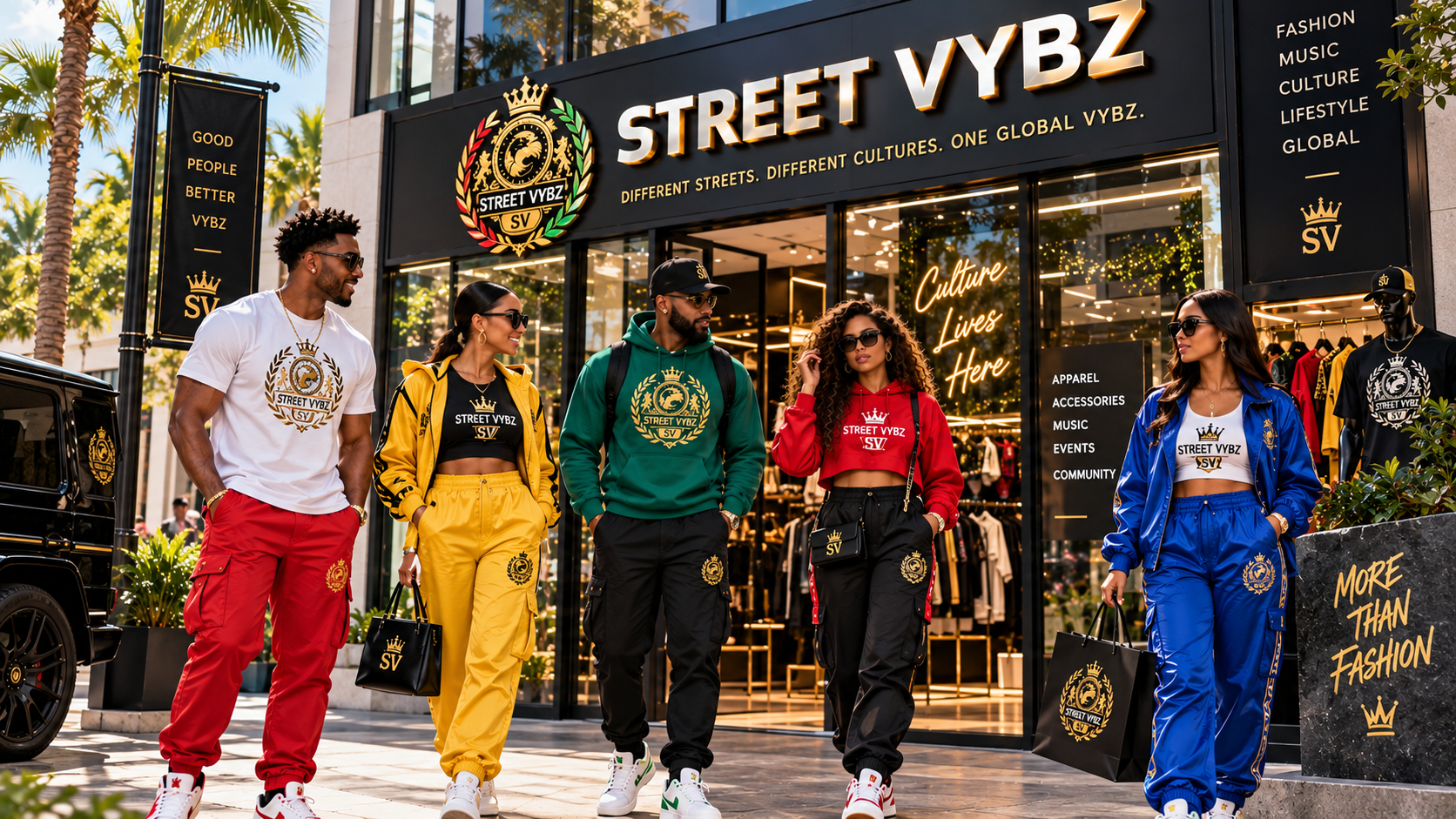 Five young adults wearing colorful STREET VYBZ GLOBAL streetwear outside a modern Street Vybz fashion storefront.