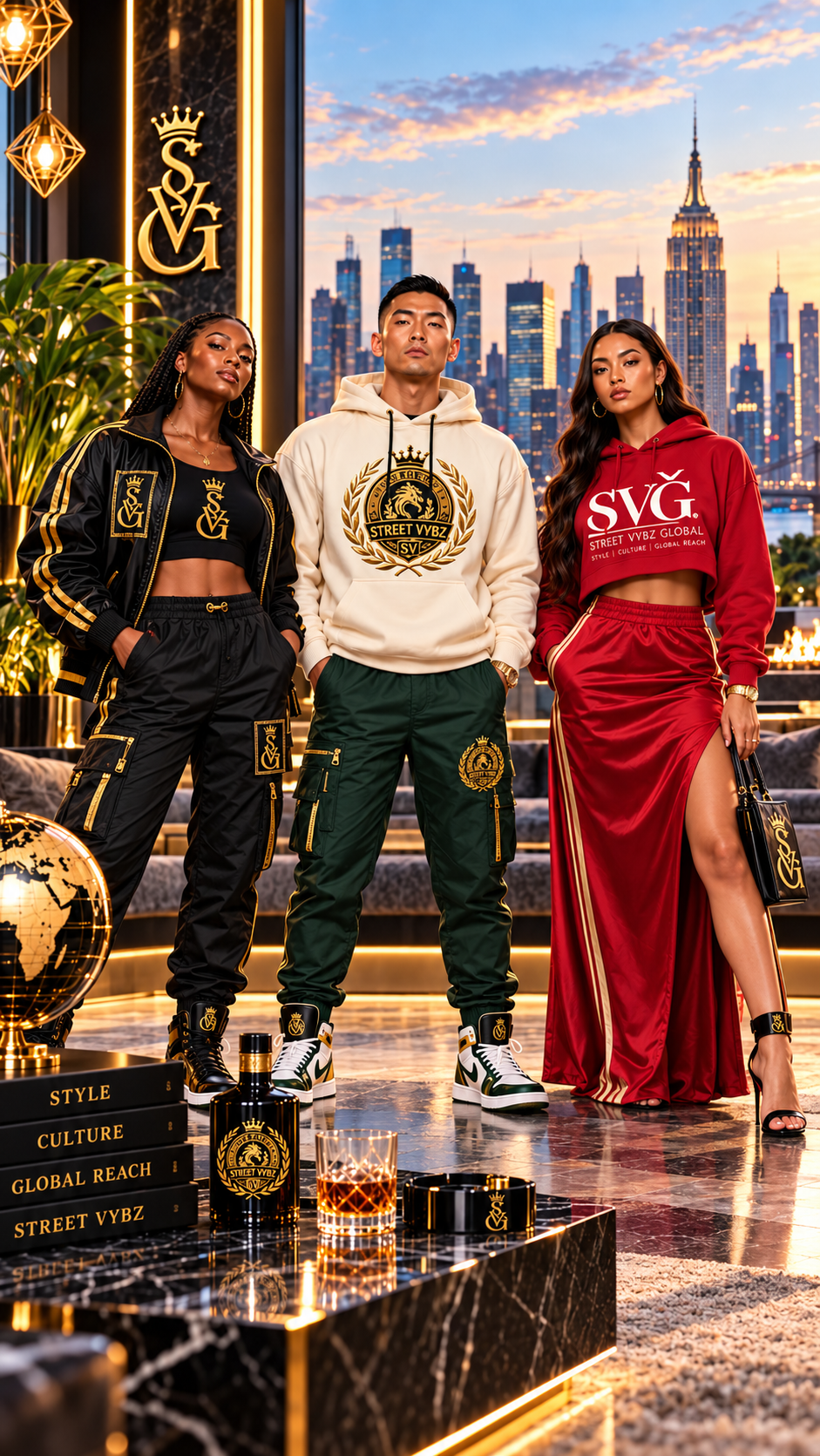 Three models posing in a luxury city skyline setting, dressed in designer streetwear with branding, surrounded by gold accents, books, and decor.