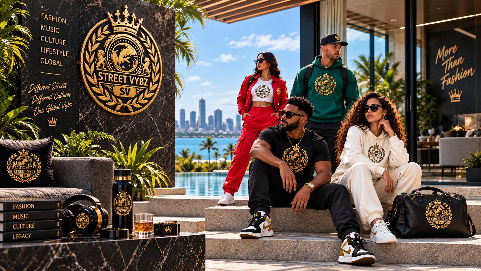 Four young adults wearing STREET VYBZ GLOBAL streetwear and sunglasses at an outdoor pool overlooking a city skyline.