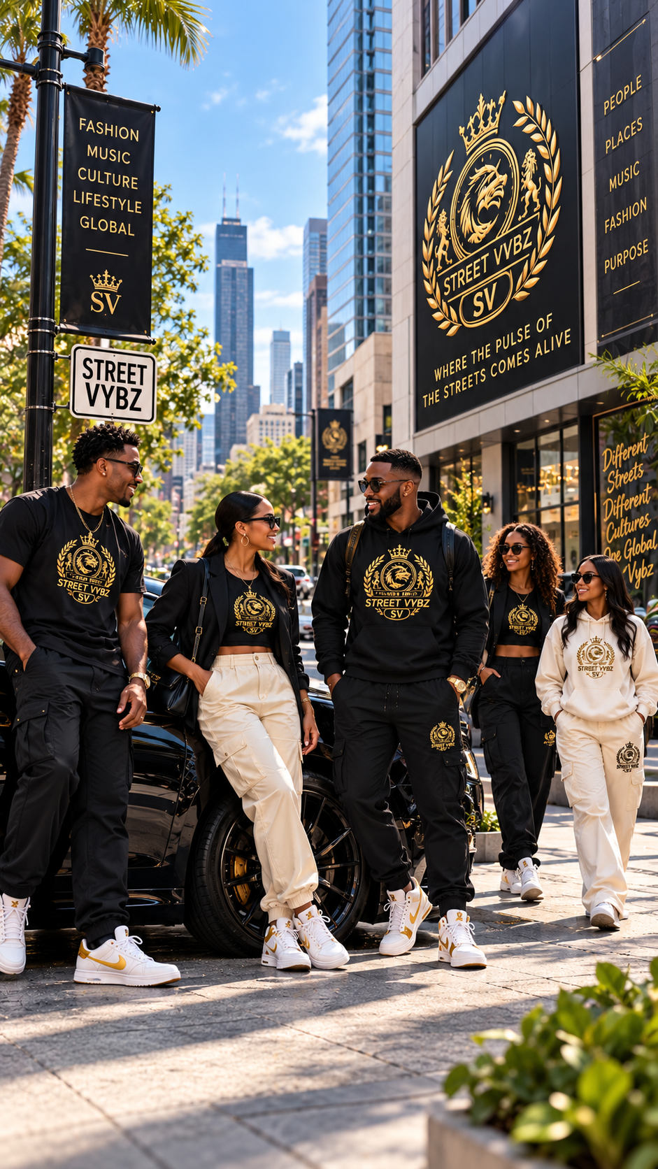 Five young adults wearing black, white and gold STREET VYBZ GLOBAL streetwear beside a luxury sports car in the city.