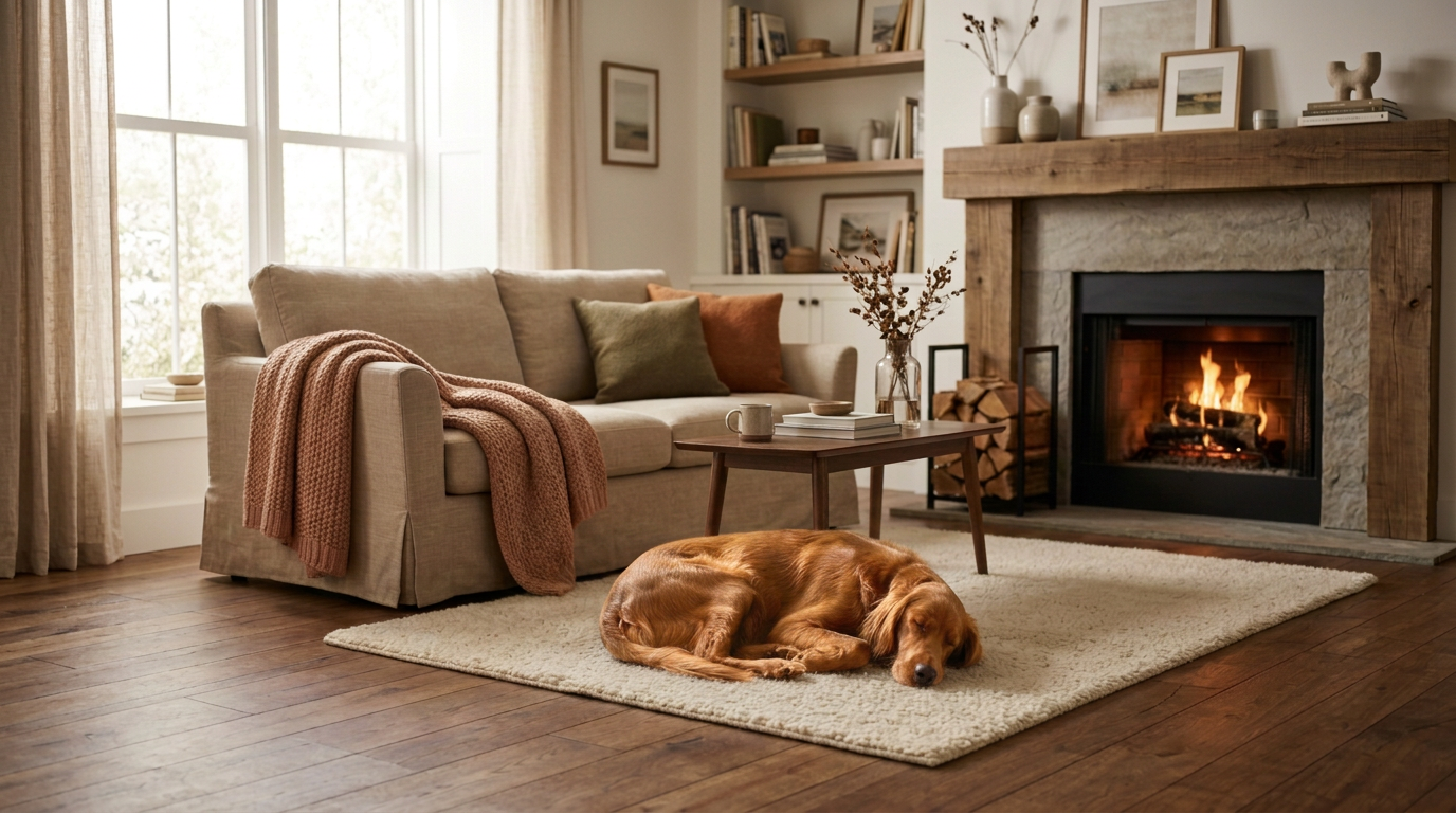 Living room with a beige sofa, decorative pillows, a blanket, a coffee table with a mug and books, a vase with dried flowers, a fireplace with fire, wood logs, and a golden retriever dog sleeping on a cream rug. Sunlight coming through large window, wooden floor, and shelves with books and decor.