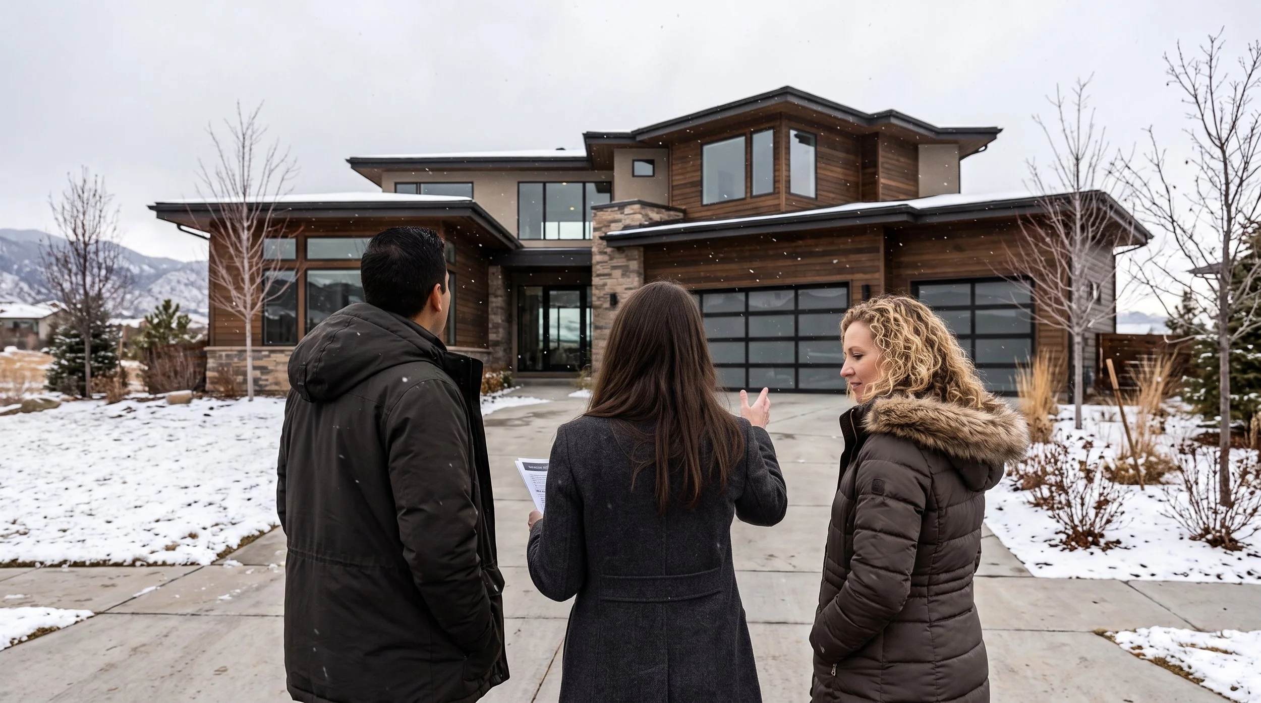 Three people standing in front of a modern house with snow on the ground and mountains in the background, talking during winter.