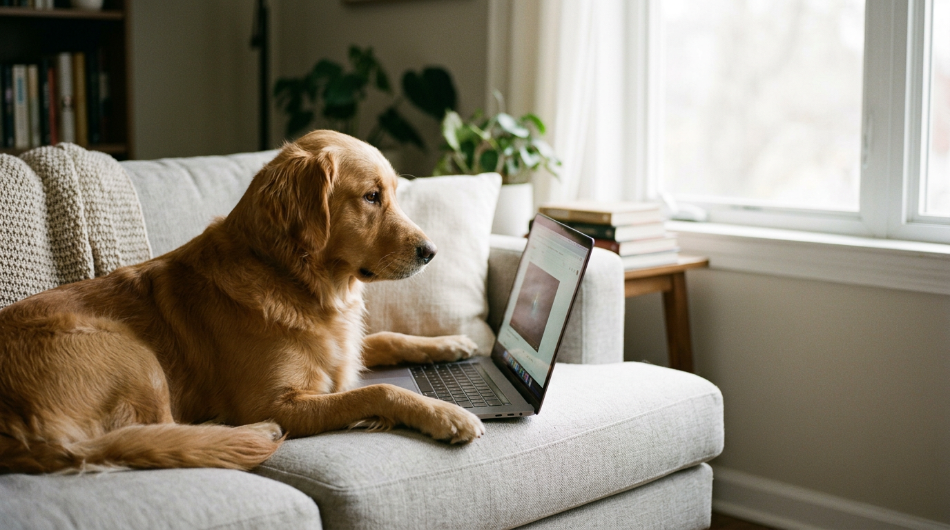 A golden retriever dog lying on a beige sofa, looking at a laptop with a white coil in a sunlit living room.