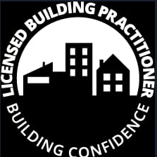 Black and white logo with city skyline and the text 'Licensed Building Practitioner Building Confidence'