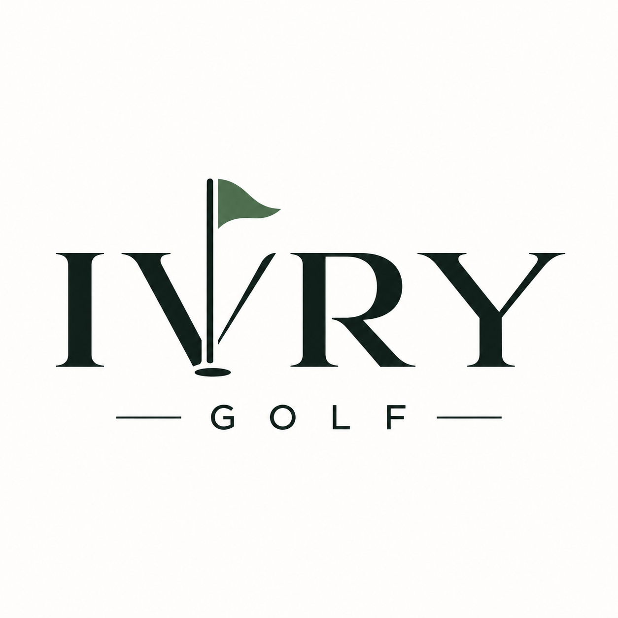 Logo with the words 'IRRY GOLF'; the 'I' features a golf tee and a flag, resembling a golf hole.