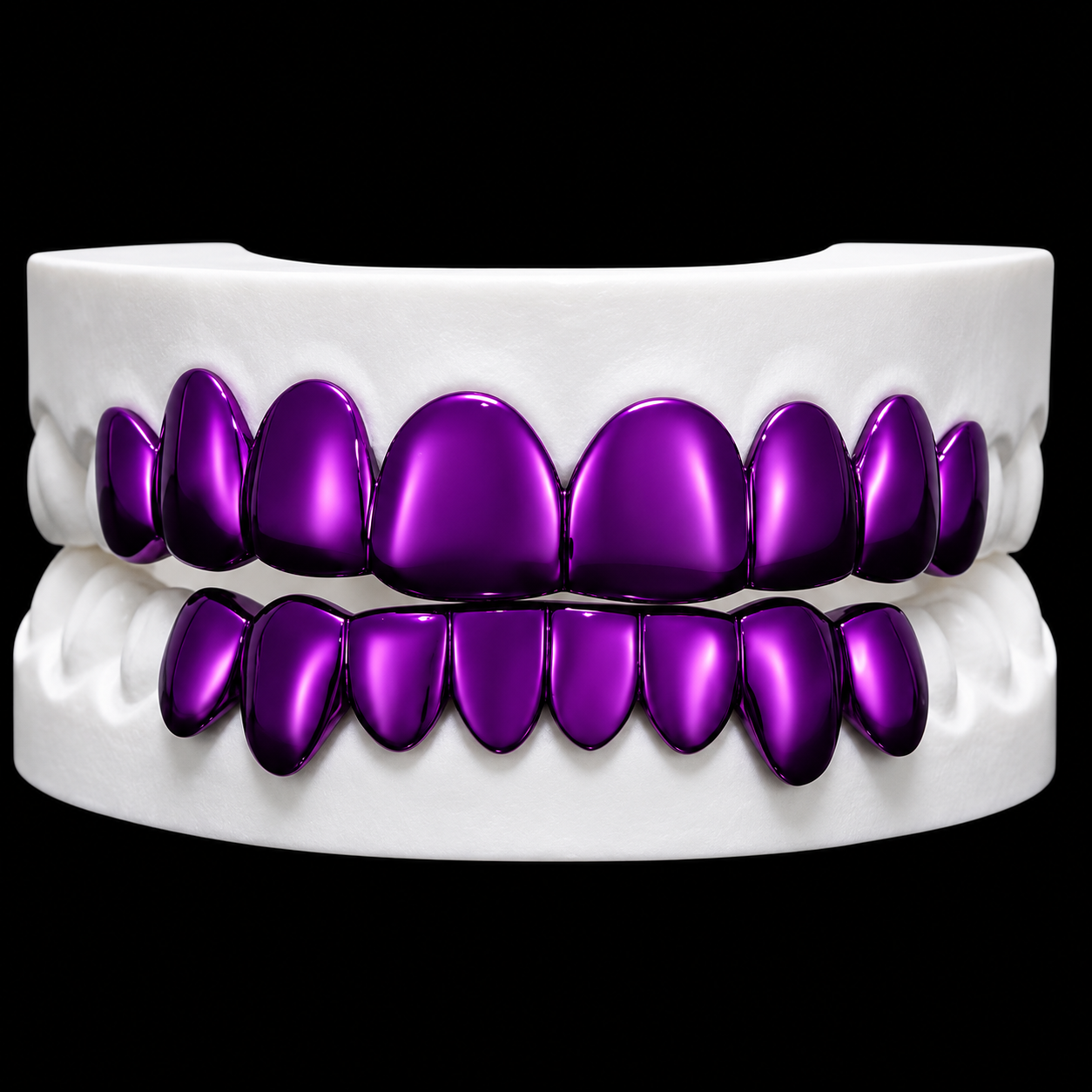 A dental model with purple metallic teeth on a white base against a black background.