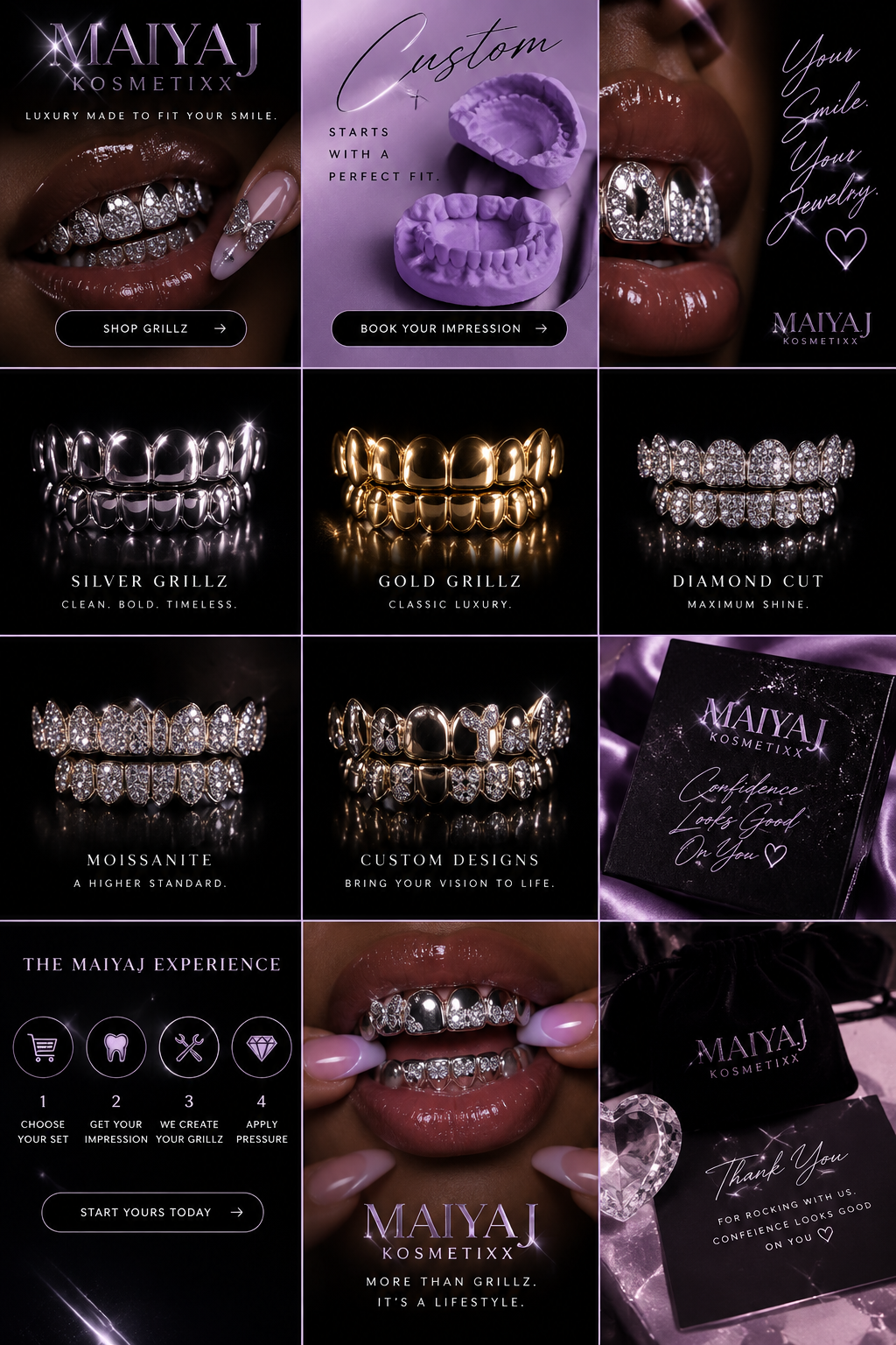 An advertisement for Maiyaj Kosmetix, featuring jewelry including custom grills, with close-up photos of lips showing metallic grills, with text describing luxury, customization, and different styles of grills like silver, gold, diamond cut, moissanite, and custom designs, along with offers to shop, book impressions, and a customer experience process.