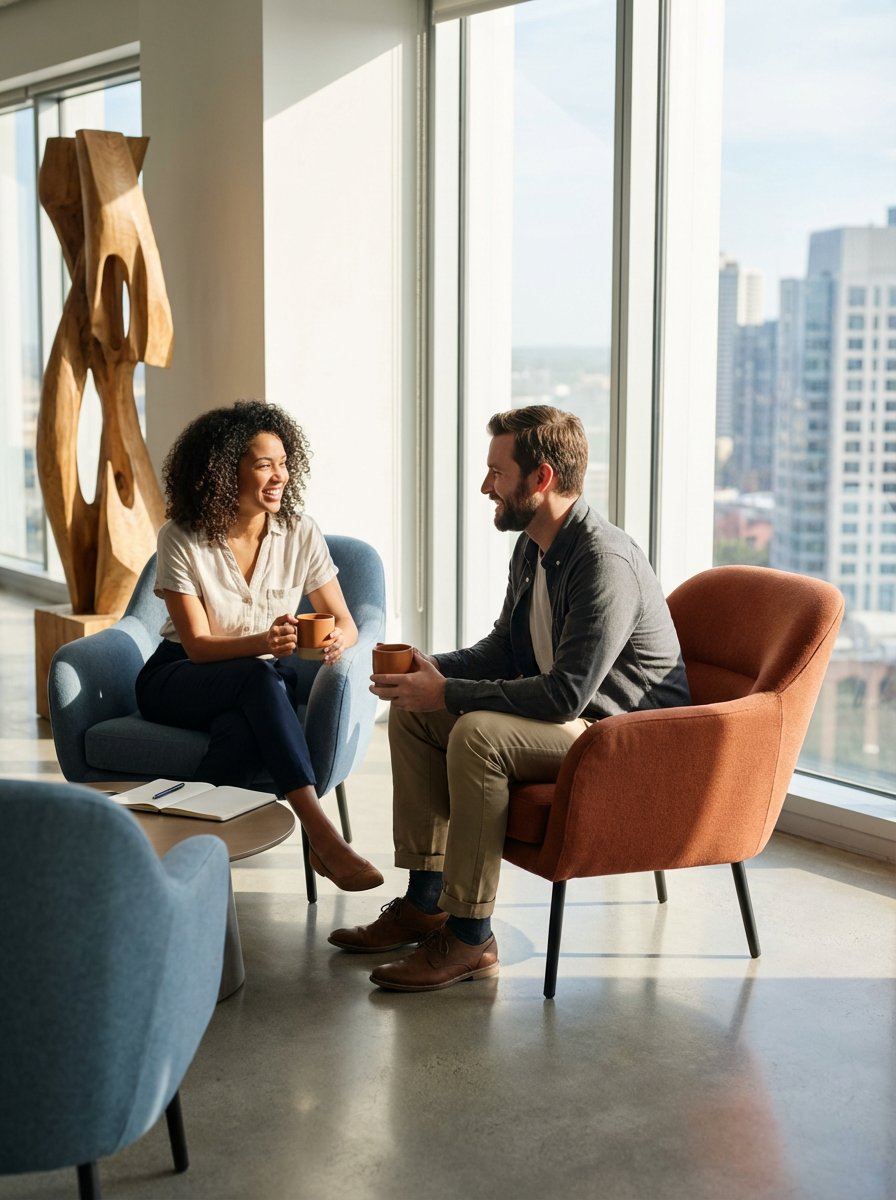 Dos personas conversando y sonriendo, sentados en sillones en una sala con ventanas grandes y vista a edificios urbanos, con una escultura de madera en el fondo.