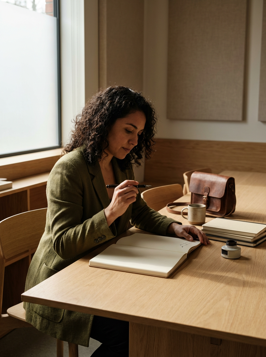 Mujer con cabello rizado y oscuro escribiendo en un cuaderno en una mesa de madera en una oficina con luz natural