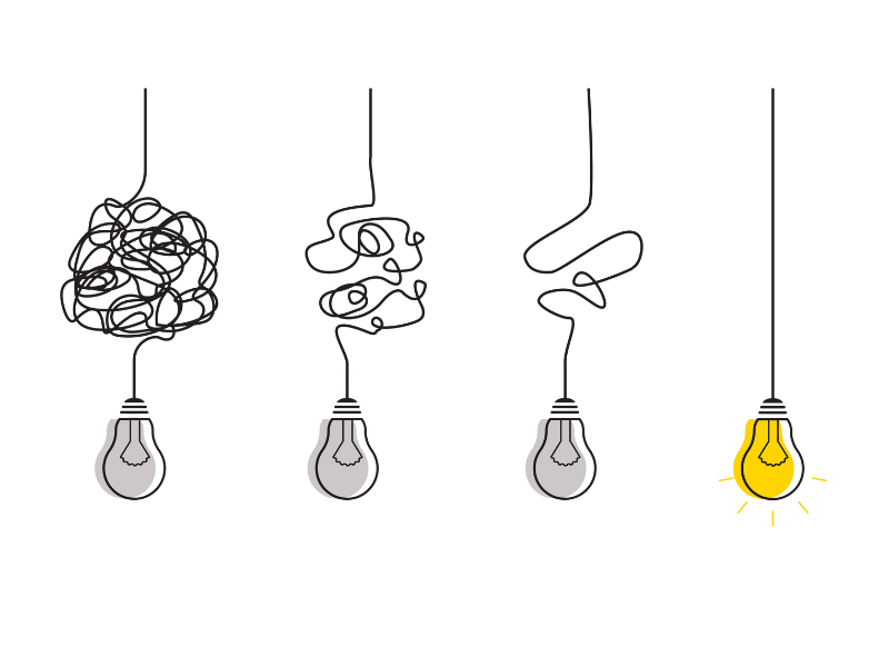 Four lightbulbs hanging from wires. The first wire is very tangled and the lightbulb is off. The next two lightbulbs and less tangled, but the lightbulbs are off. The last lightbulb is hanging on a straight wire and is on! Image credit: Vecteezy