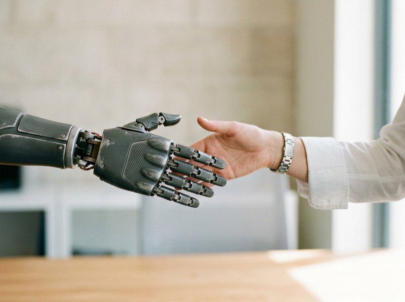 A robot hand reached towards a woman's hand, showcasing AI content review services