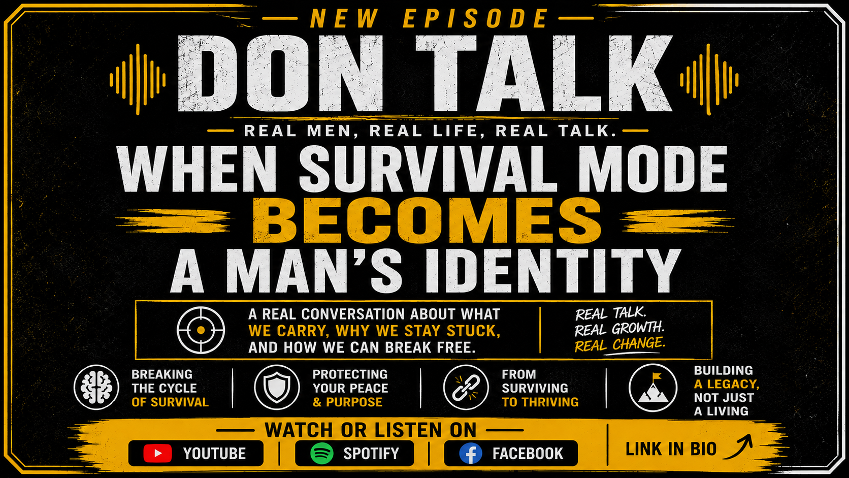 Promotional graphic for a new episode of the podcast 'Don't Talk,' featuring themes of real life, survival, growth, and change. Includes icons for YouTube, Spotify, and Facebook, and mentions a link in bio.