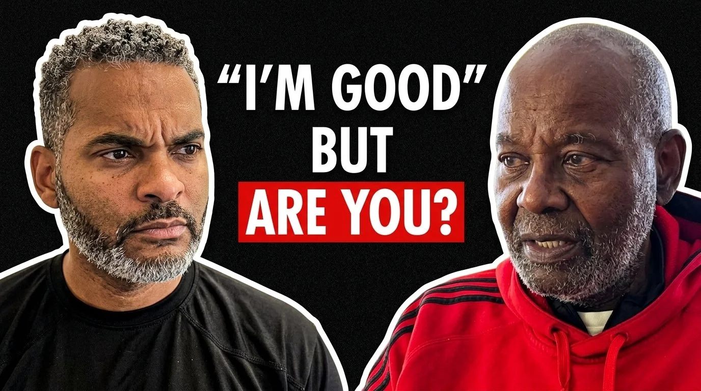 Two men, one with short curly gray hair and beard, and the other with bald head and gray beard, facing each other with serious expressions, with text in the center reading 'I'm good' but are you?