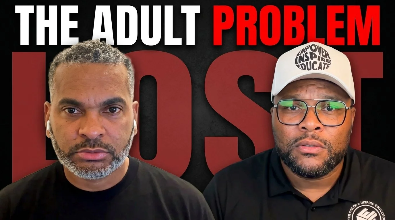 Two men in black shirts with serious expressions, one wearing earbuds and the other wearing glasses and a white cap with words, in front of a black backdrop with red and white text that reads 'The Adult Problem' and large red letters spelling 'POS'.