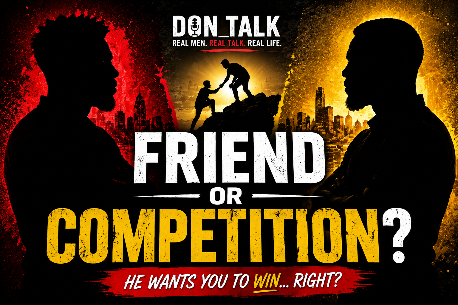 Silhouettes of two men facing each other with a cityscape background, a small image above showing one man helping another climb a mountain, with the text 'DON TALK REAL MEN. REAL TALK. REAL LIFE.' at the top, and large text 'FRIEND OR COMPETITION?' at the bottom, along with the phrase 'HE WANTS YOU TO WIN... RIGHT?'
