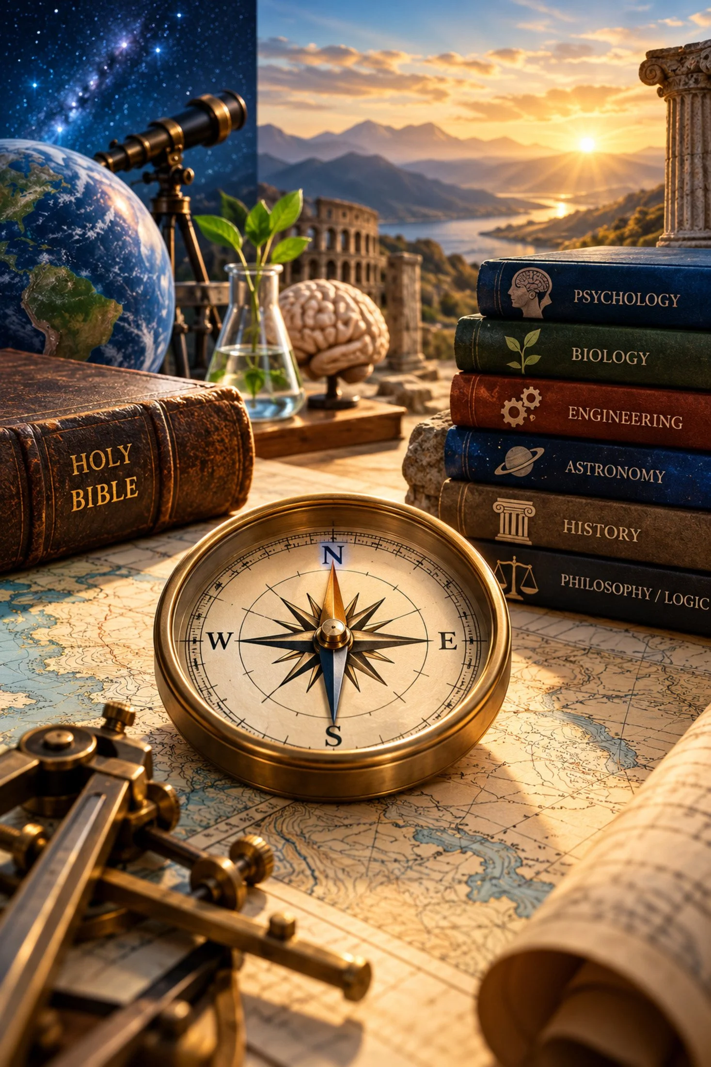 A scene featuring scientific and historical objects on a map, with books on psychology, biology, engineering, astronomy, history, and philosophy, a telescope, a globe, a brain model, a beaker with a plant, a compass, and ancient ruins in the background at sunset.