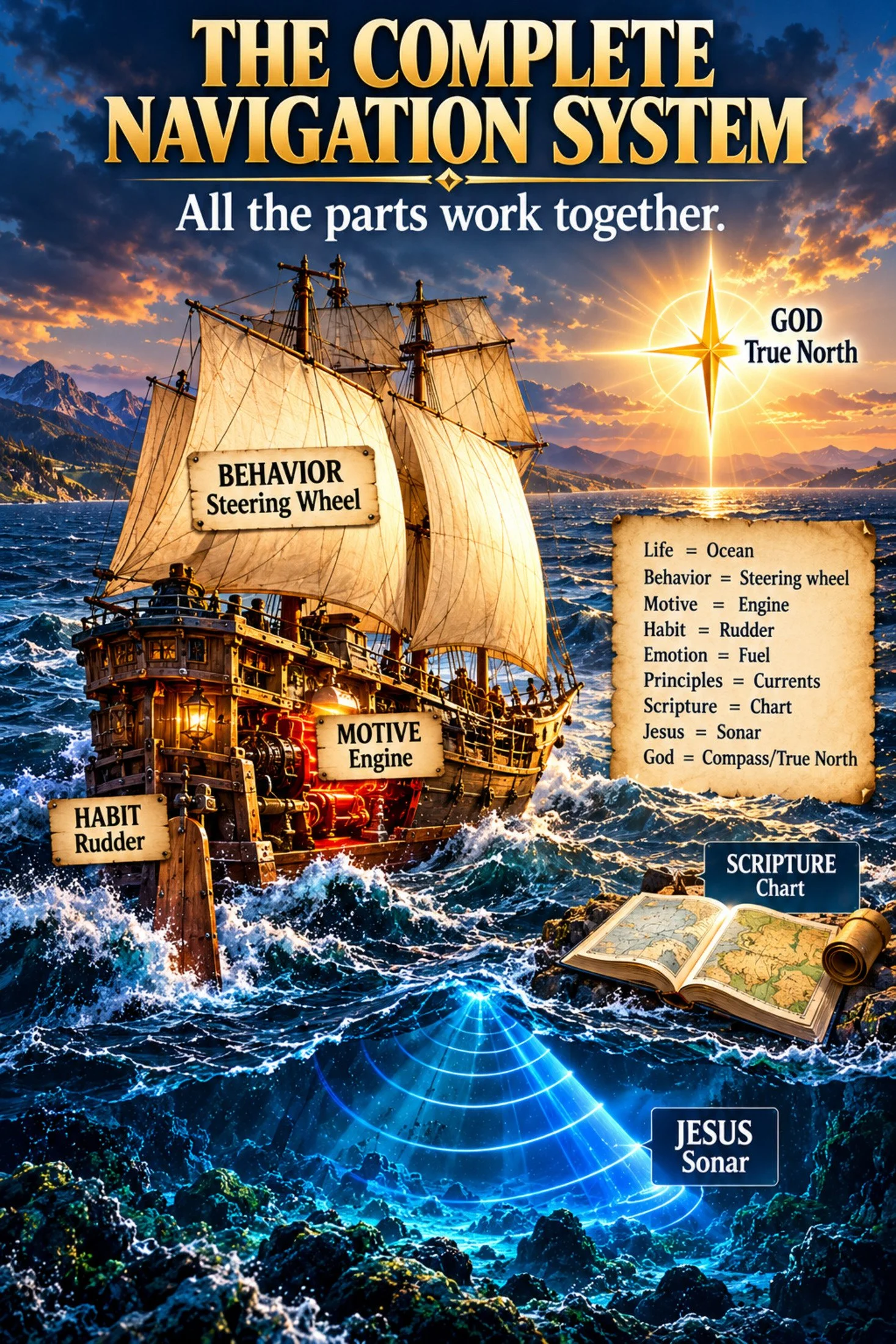 A ship sailing on ocean water with mountains in the background during sunset. Text overlays describe navigation elements: 'Behavior - Steering Wheel', 'Motive - Engine', 'Habit - Rudder', 'Scripture - Chart', 'Jesus - Sonar', and 'God - True North'. The image illustrates a navigation system with a compass rose and a scroll with a map.