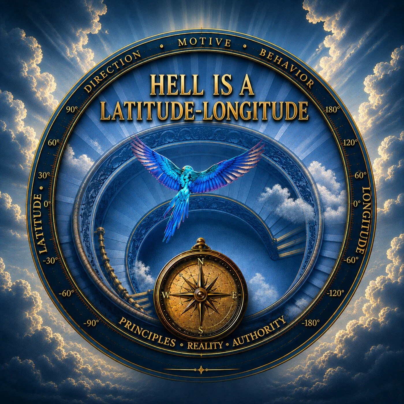 A circular, ornate, celestial compass with a blue sky background, clouds, and a spiraling blue and purple bird flying through the center. The compass contains words like 'DIRECTION', 'MOTIVE', 'BEHAVIOR', 'PRINCIPLES', 'REALITY', 'AUTHORITY', and the phrase 'HELL IS A LATITUDE-LONGITUDE' in bold gold letters.