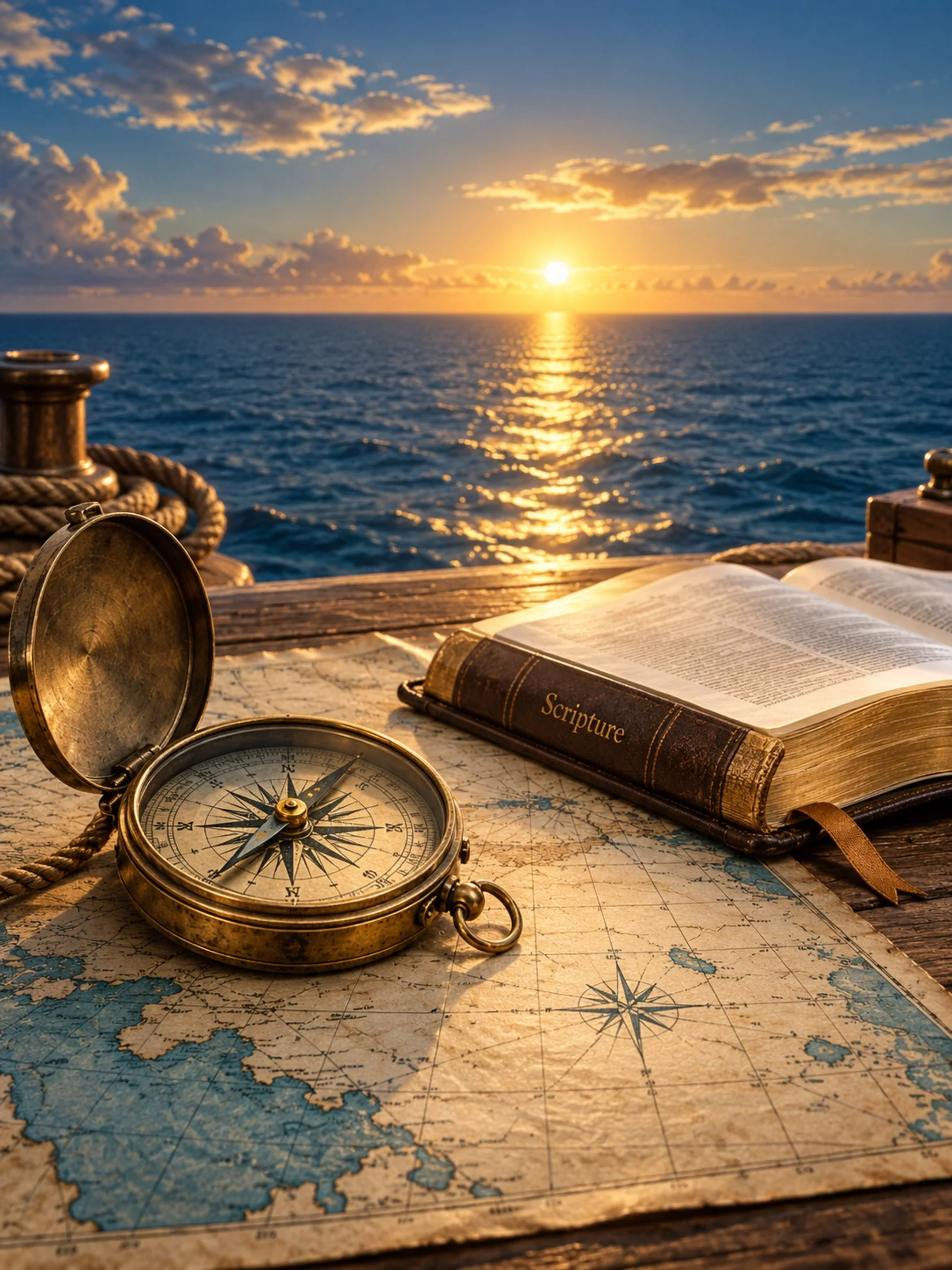 Compass and an open Scripture book on a nautical chart, with sunlight across the ocean.