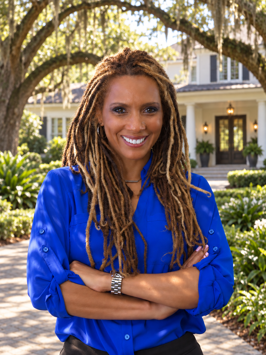 Haili Michaels, Jacksonville-area REALTOR®, with an illustrative luxury home and mature live oak trees.