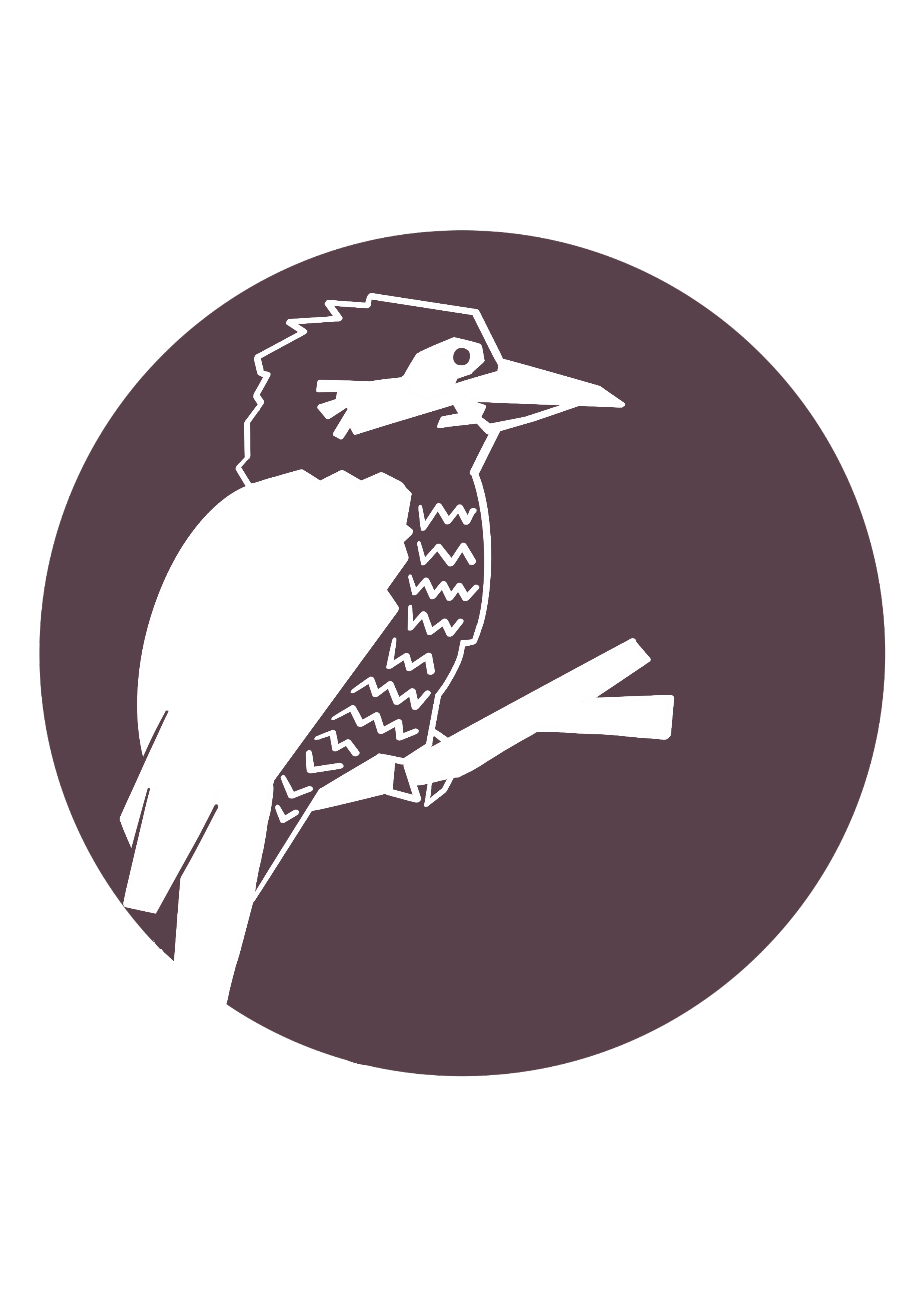 A stylized graphic of a bird perched on a branch within a black and purple circular background.