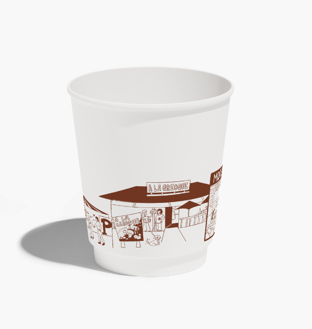 A white paper cup with a brown cartoon illustration of a small food stand or shop, featuring people and signs.