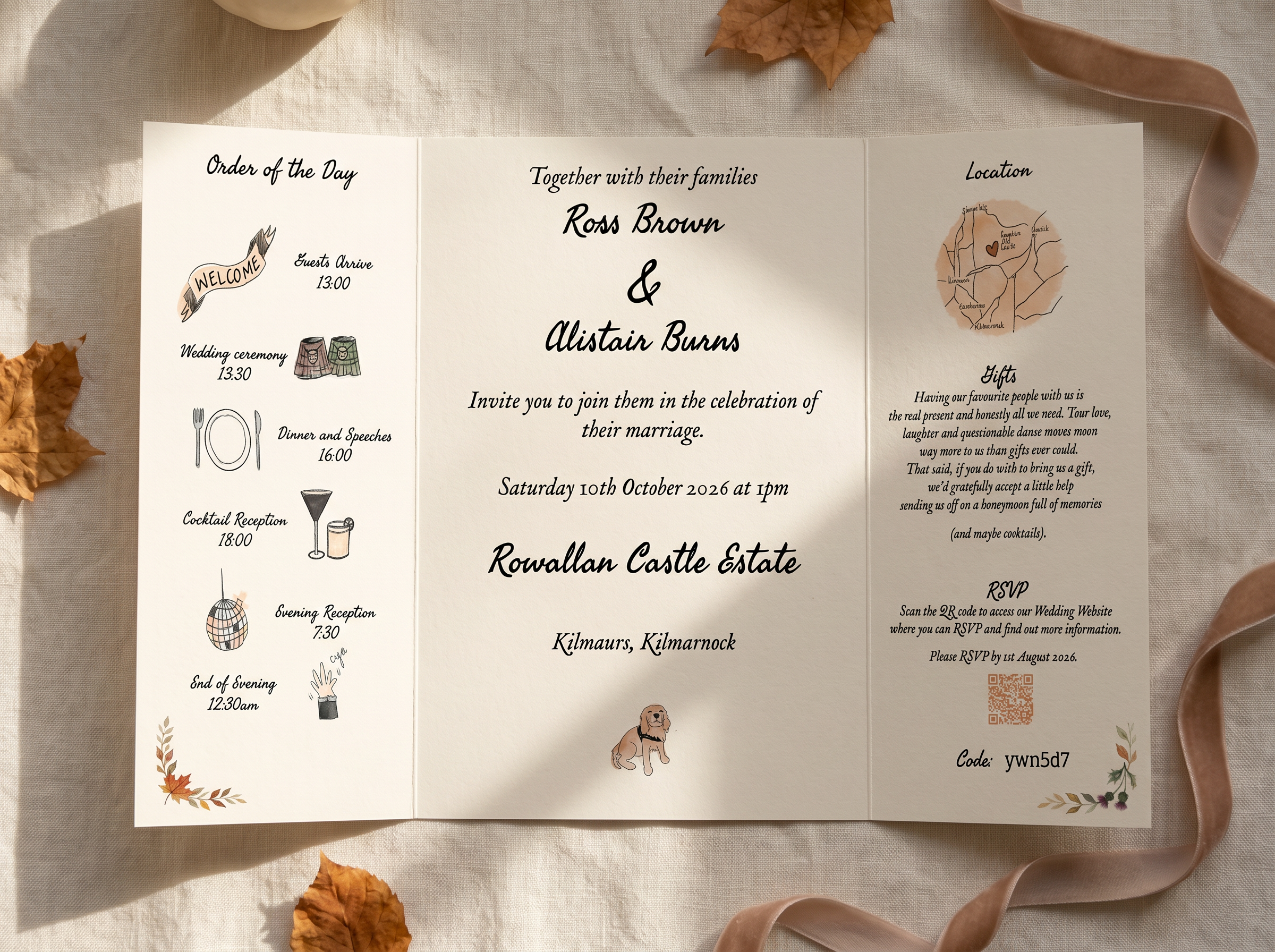 Wedding invitation with details of the ceremony including date, time, and location, decorated with autumn leaves, a dog illustration, and a small map.