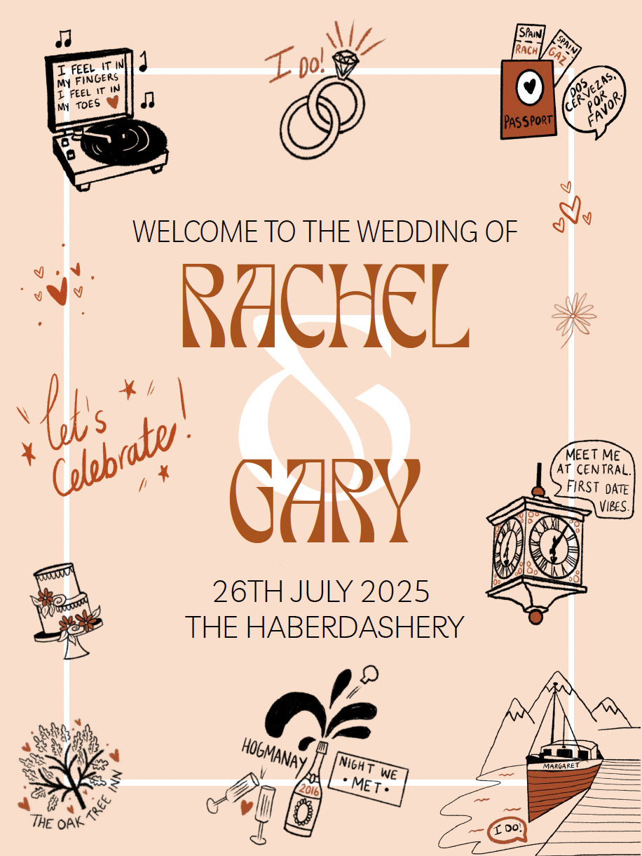 A wedding invitation for Rachel and Gary's wedding on July 26, 2025 at The Haberdashery. The invitation features illustrations of a record player, diamond ring, passport, clock, cake, and boat, with handwritten notes and decorative hearts and stars.