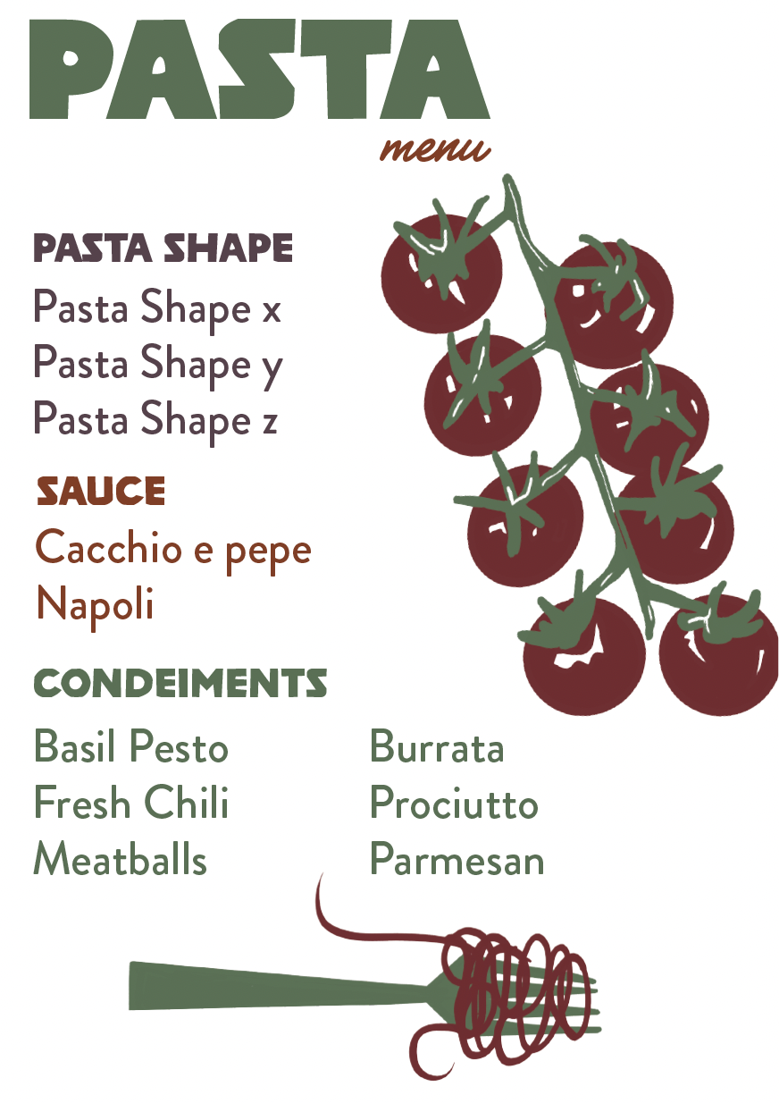 Pasta menu with sections for pasta shapes, sauces, and condiments, featuring a bunch of cherry tomatoes and a bunch of fresh herbs.