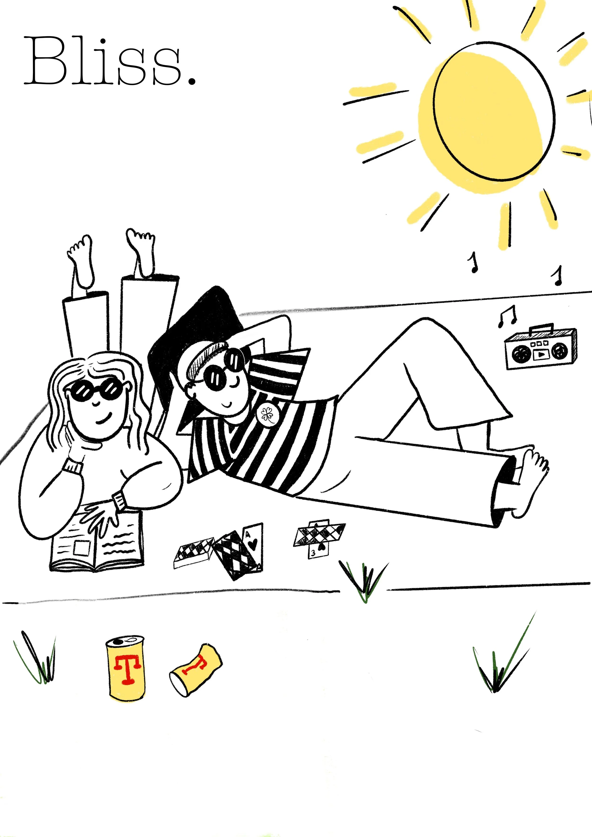 A black and white drawing of two people relaxing outdoors under a large bright yellow sun with musical notes. One person is lying back with sunglasses, and the other is sitting up reading a book with sunglasses and a flower in their hair. There are s