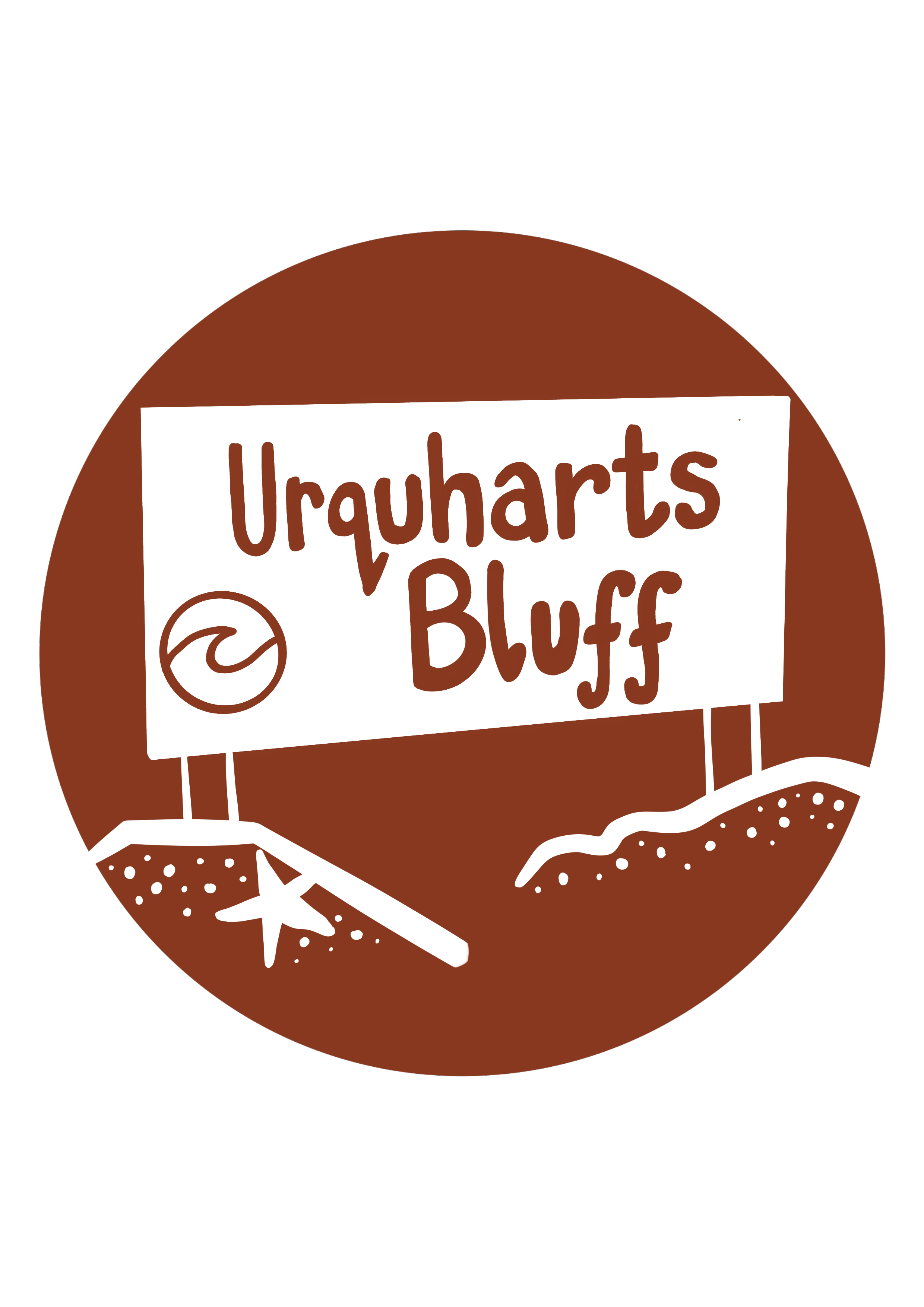 A circular illustration with a black background and brown elements featuring a road, a mountain, and a sign that reads "Urquarts Bluff," along with a stylized wave icon.