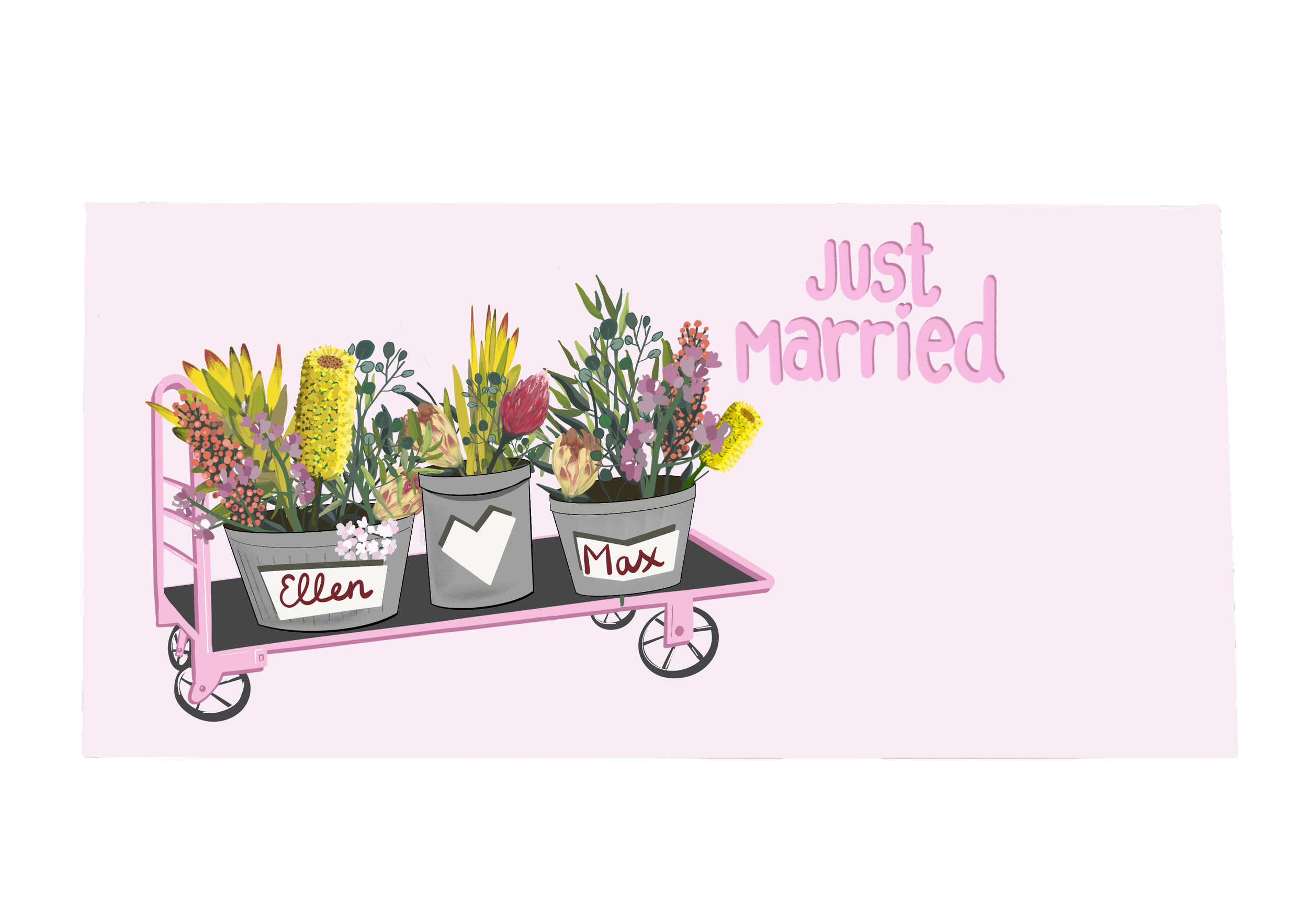 A pink floral cart with potted flowers labeled with the names Ellen, Max, and others, and a pink 