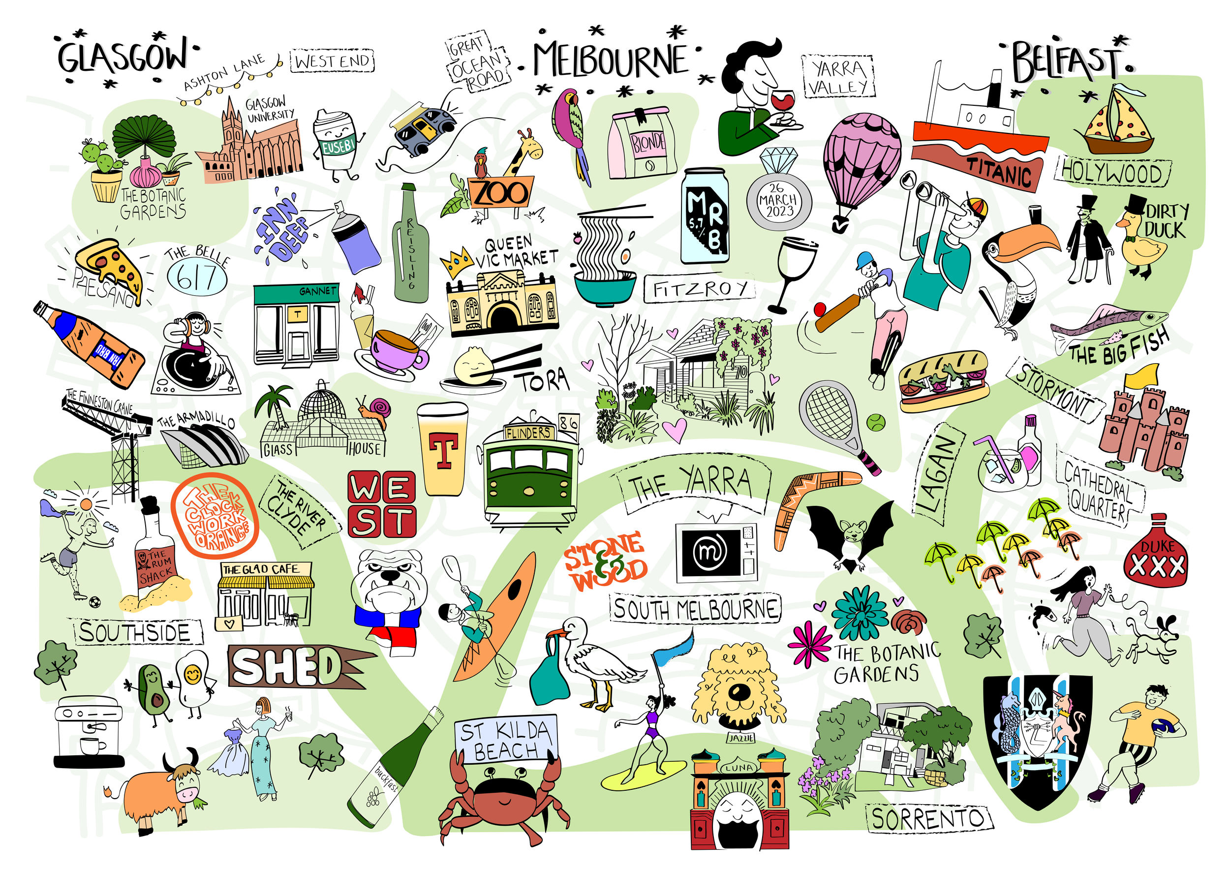 Colorful illustrated map of Melbourne, Australia, featuring landmarks like Queen Victoria Market, Fitzroy, South Melbourne, the Botanic Gardens, and the Yarra River, with drawings of animals, buildings, and people.