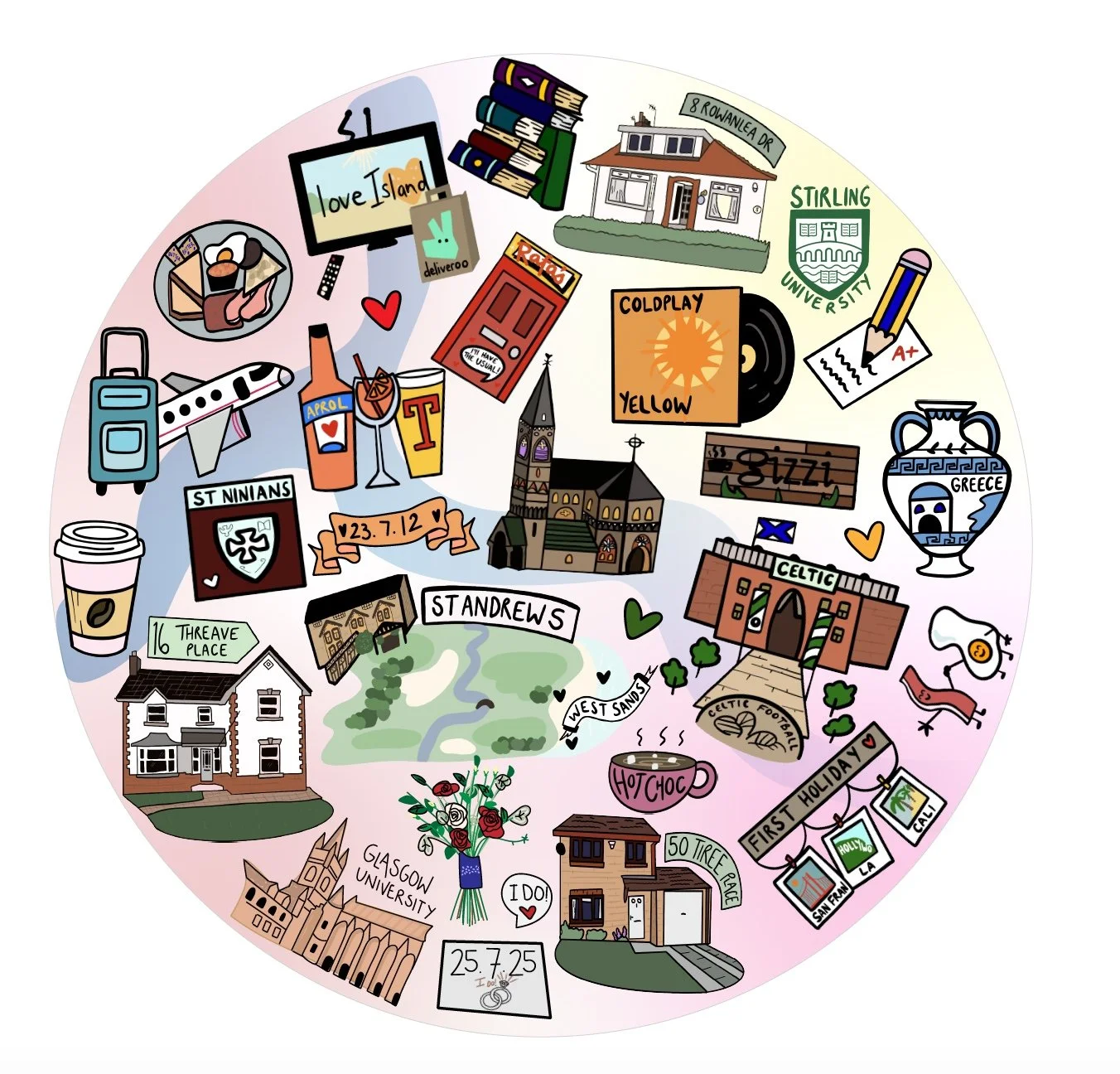 A colorful illustrated map of a neighborhood featuring landmarks such as Glasgow University, St. Andrews, Celtic FC stadium, a church, houses, and various personal items like a coffee cup, books, and a guitar, with street names and decorative hearts 
