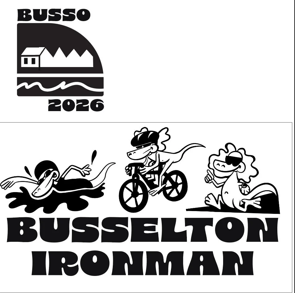 Black and white logo featuring a swimmer, a cyclist, and a runner, with text 'BUSSELOX 2026' at the top and 'BUSSELTON IRONMAN' at the bottom.