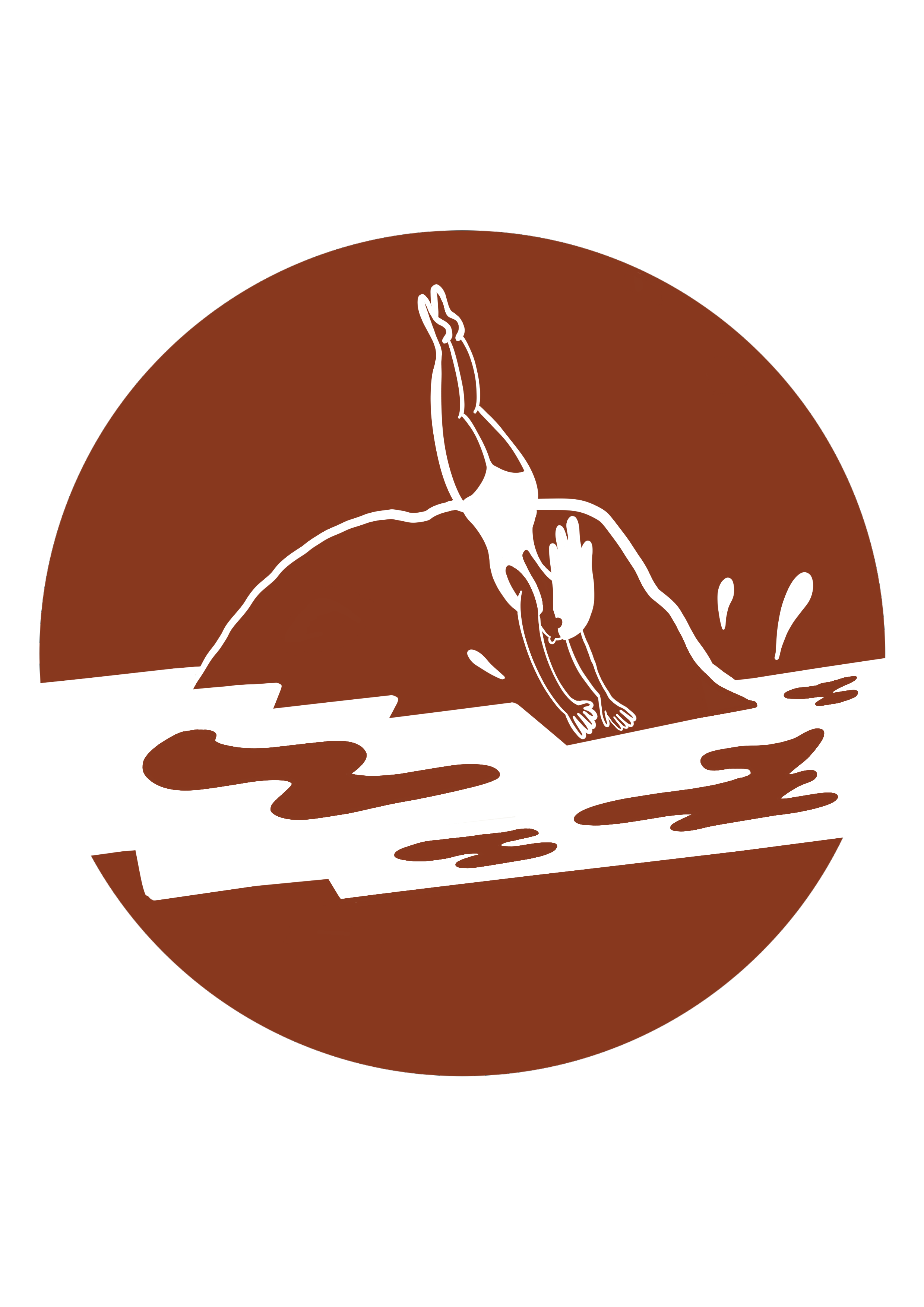 A black line drawing of a person surfing on a wave with a brown sun in the background.