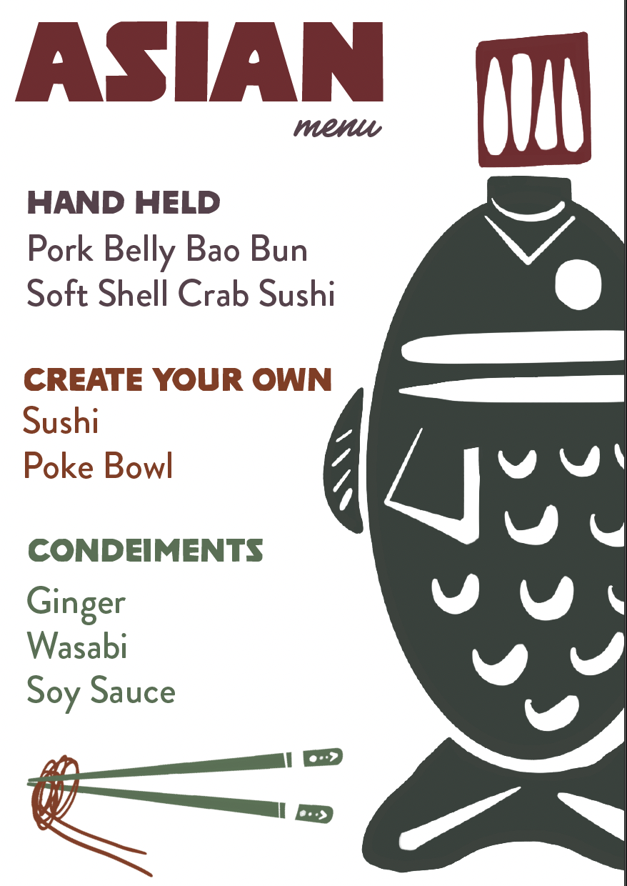 Menu poster for an Asian cuisine restaurant featuring options for hand-held and create-your-own sushi dishes, with a graphic illustration of a fish wearing a chef's hat and a pair of chopsticks.