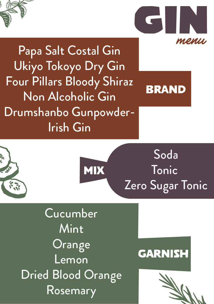 Gin menu with options for brands, mixers, and garnishes, including Papa Salt Costal Gin, Ukiyo Tokoyo Dry Gin, Bloody Shiraz, Non Alcoholic Gin, Irish Gin, and a selection of cucumber, mint, orange, lemon, dried blood orange, and rosemary garnishes.