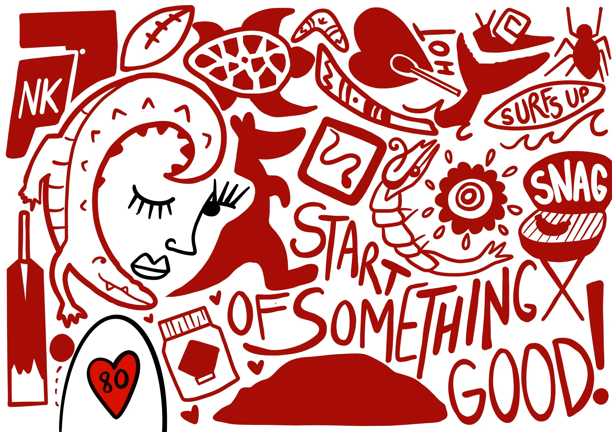 A red and white doodle-style illustration featuring various elements including a unicorn with a closed eye, a hockey puck with the number 80, a pair of lips, a skateboard, a fish, a bite mark, the word "SURF'S UP," a stopwatch, a flower, and the word