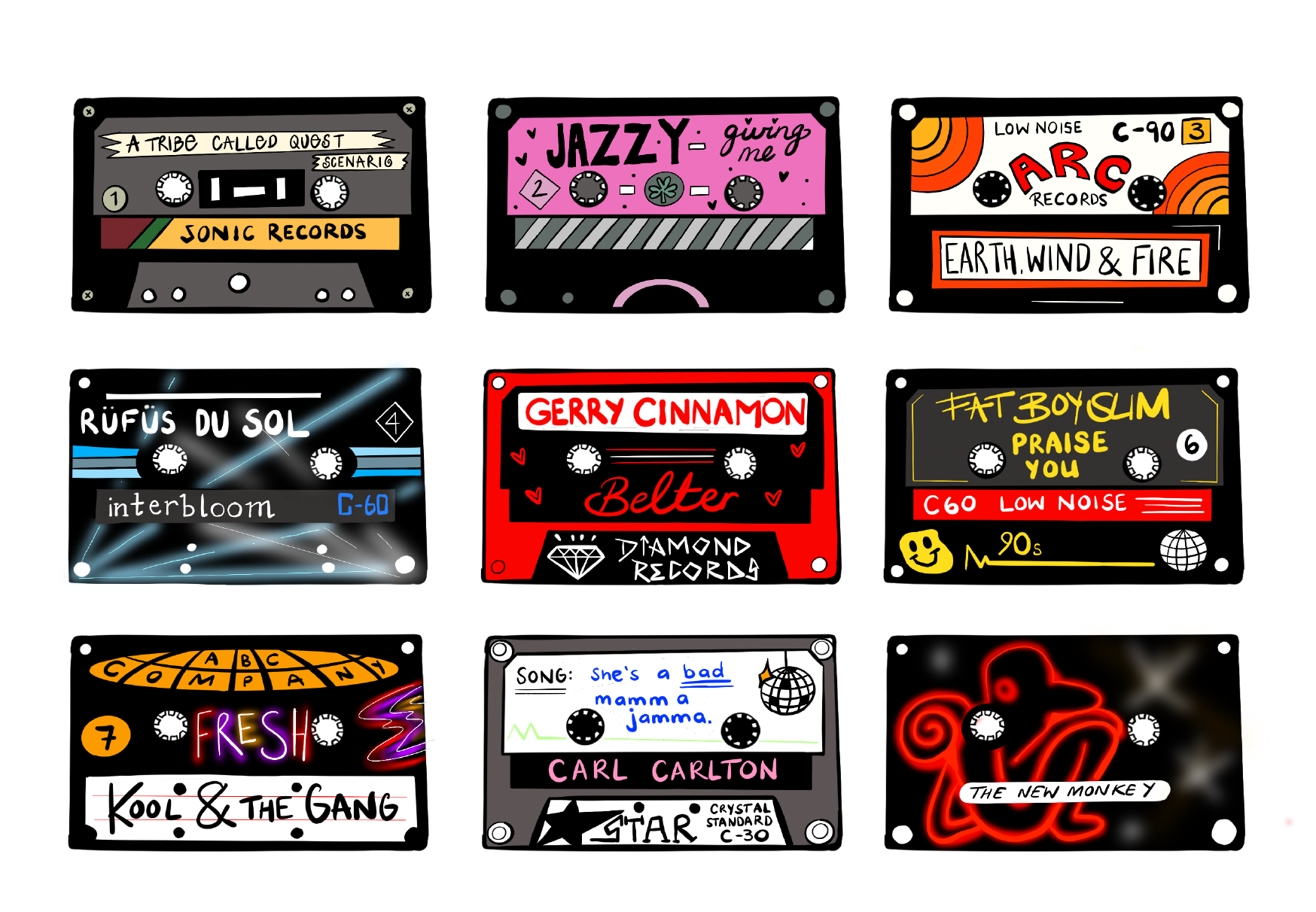 Colorful collection of illustrated cassette tapes with various music artists and album names, featuring designs and labels in bright colors.