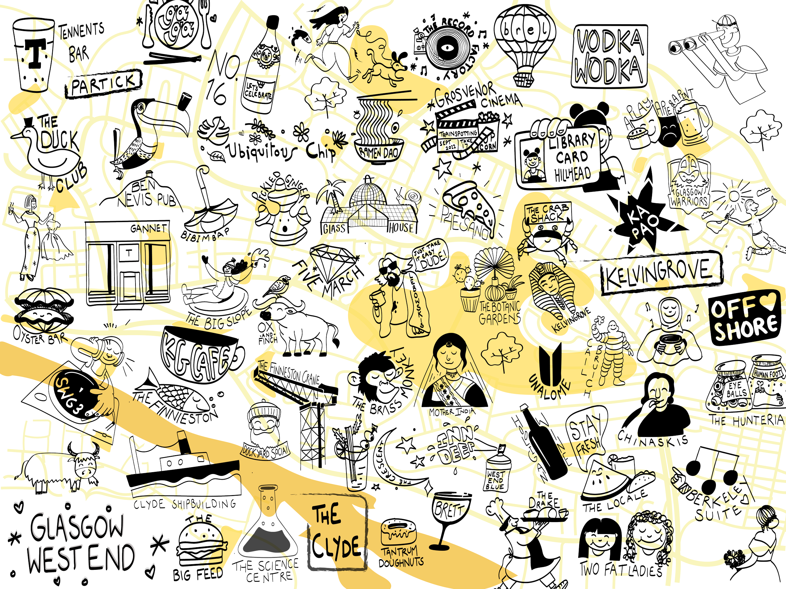 A black and white illustrated map of Glasgow, Scotland, with various landmarks, neighborhoods, and points of interest labeled and decorated with whimsical drawings.