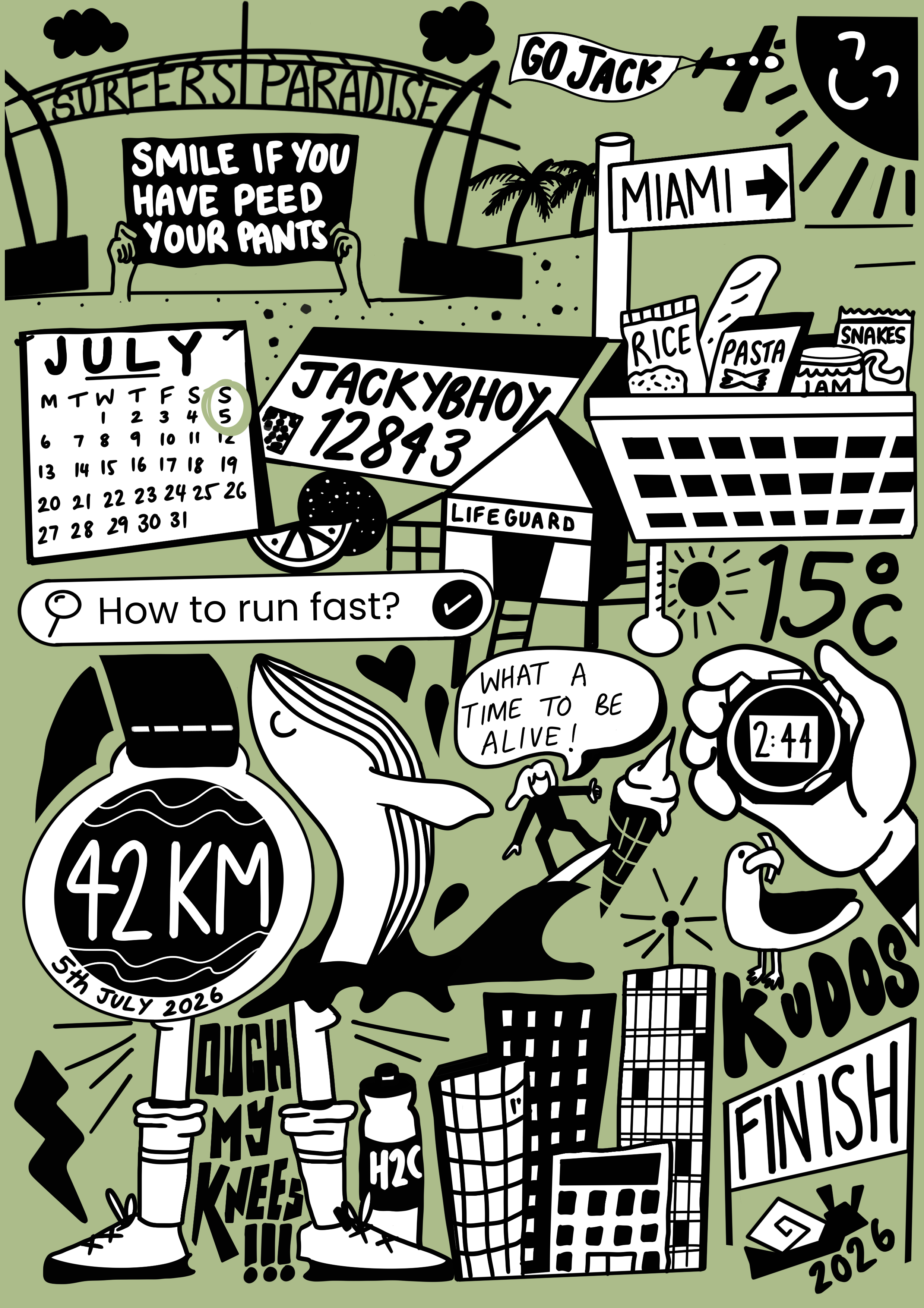 Colorful illustrated map of Miami and nearby areas with various landmarks, signs, and doodles, including a sign for 'SUREEER'S PARADISE,' a calendar marking July 5, 2026, a '42 KM' race route, a sun, a seagull, a lifeguard station, and various food i