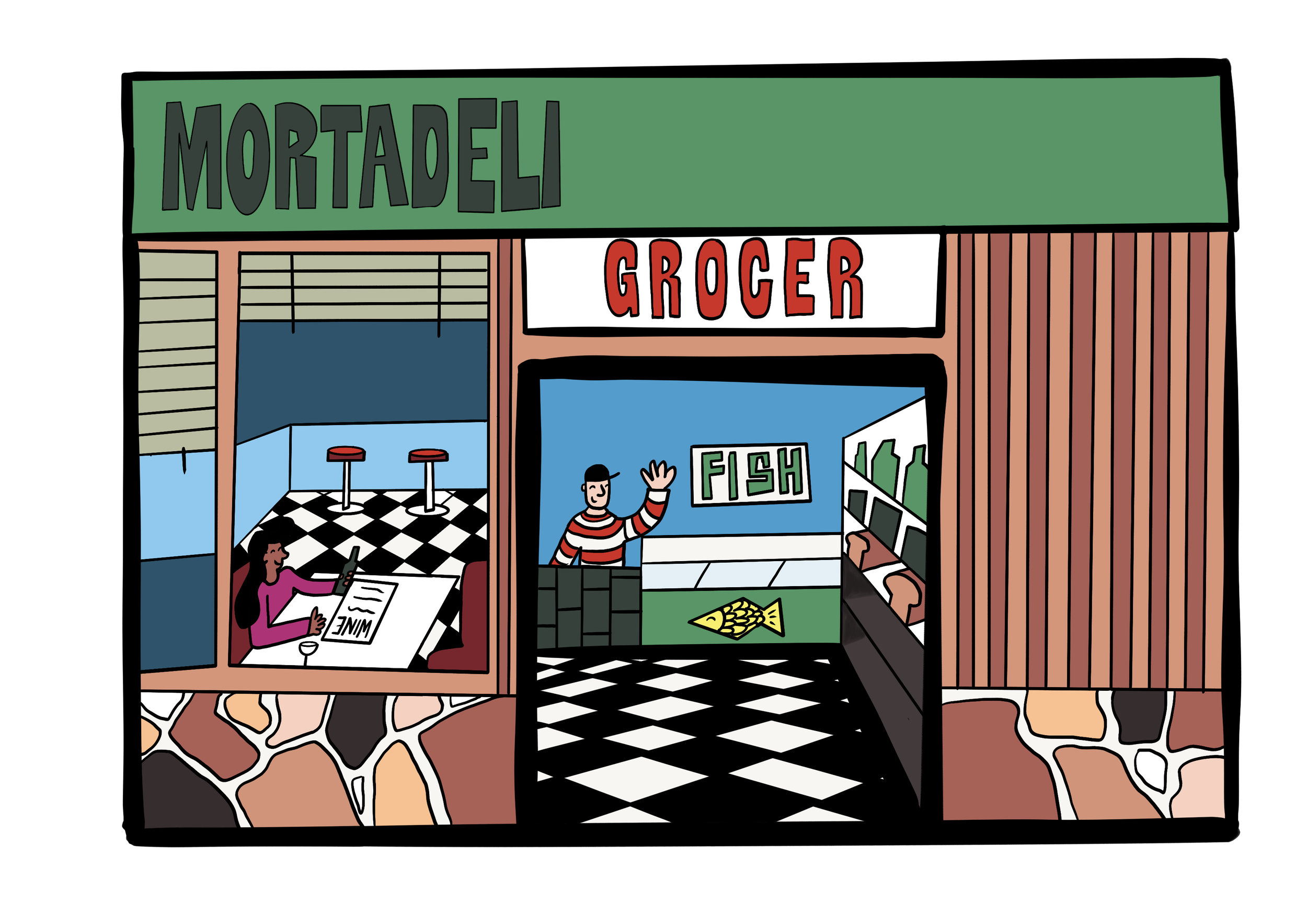 A colorful illustration of a storefront with a sign that reads 'Mortadell Grocer' and a man waving from a small stand that sells fish, with two people inside the store.