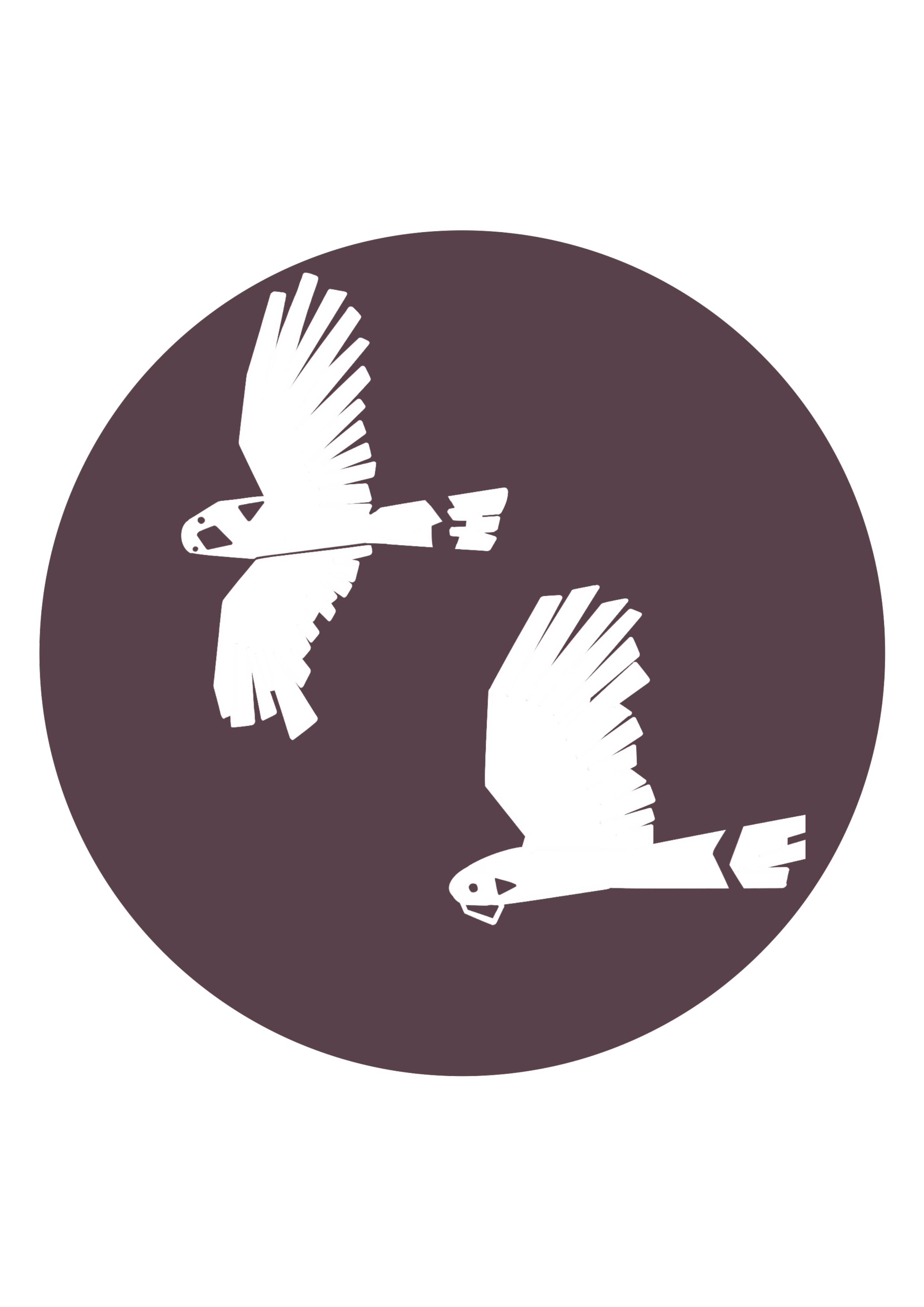 Two white illustrations of birds in flight on a circular purple background.
