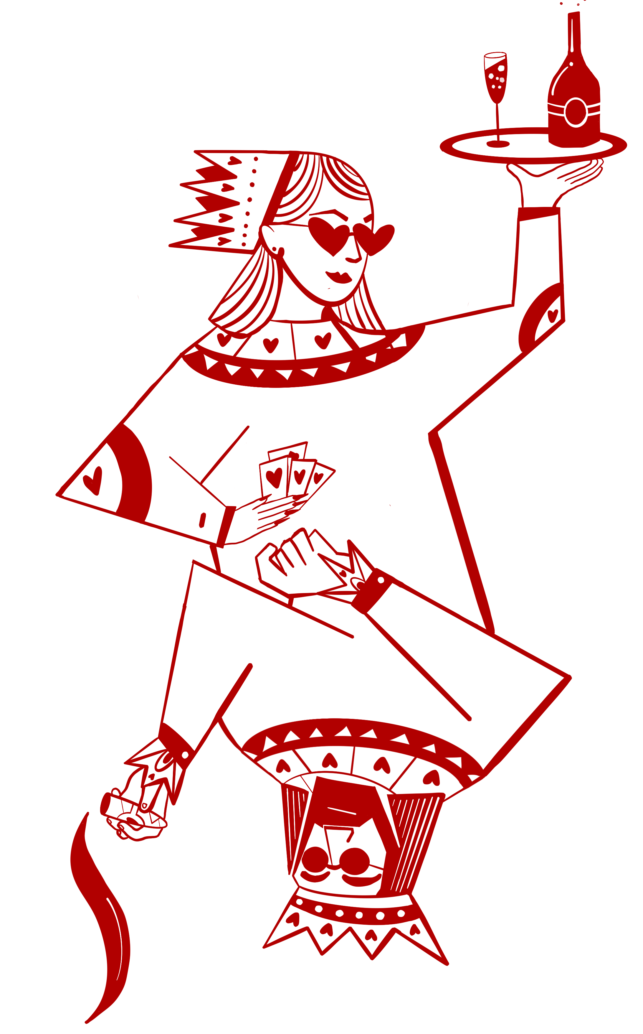 Stylized red line drawing of a woman wearing glasses with heart-shaped lenses, holding a tray with a champagne glass and bottle, in a playful, cartoonish style.