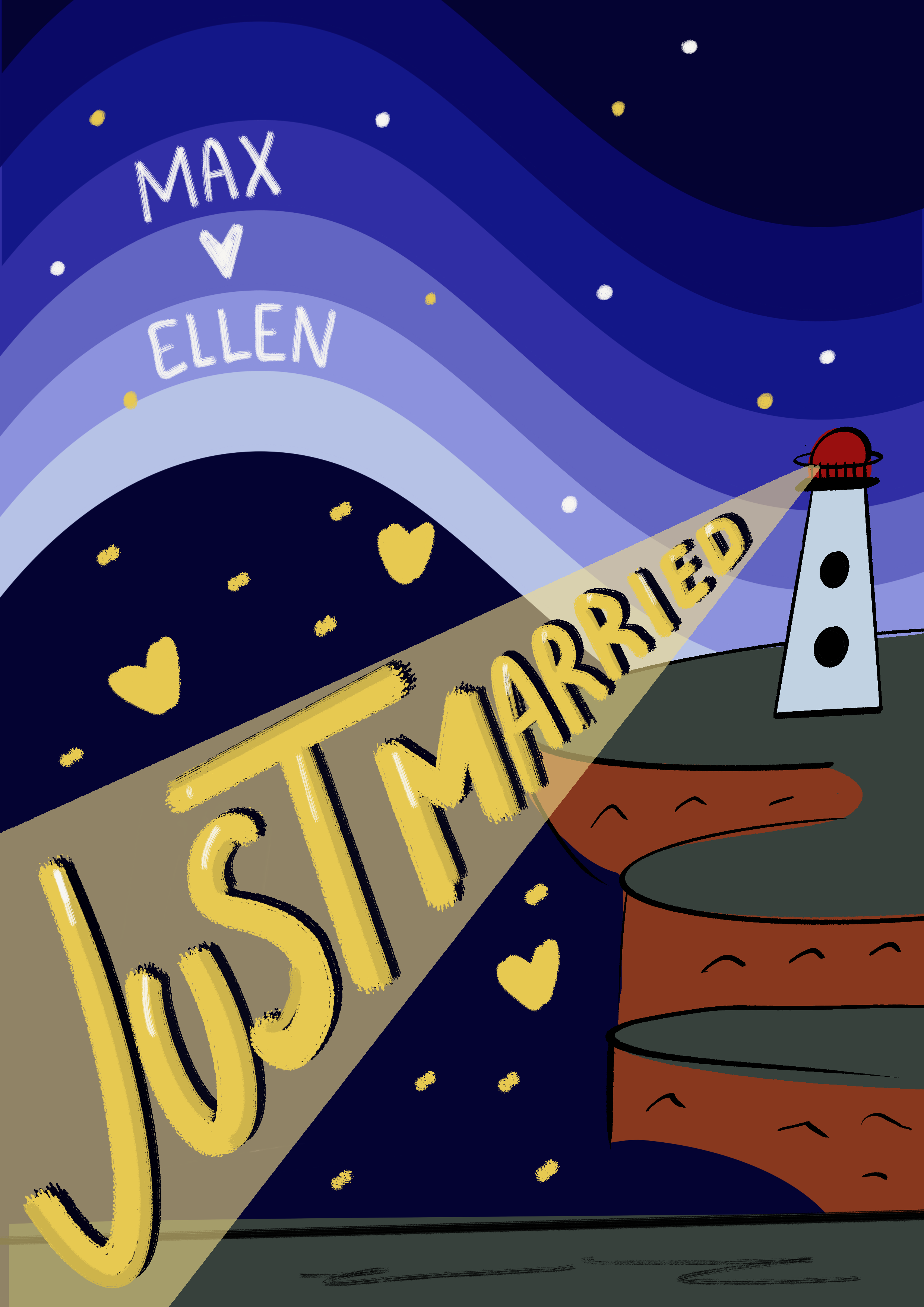 Colorful illustration with a night sky background with stars, a lighthouse shining a light labeled 'DARRIED', and a hill with a baked good or bread in the foreground. Text on the image includes the words 'MAX', 'V', and 'ELLEN' arranged in an arc.