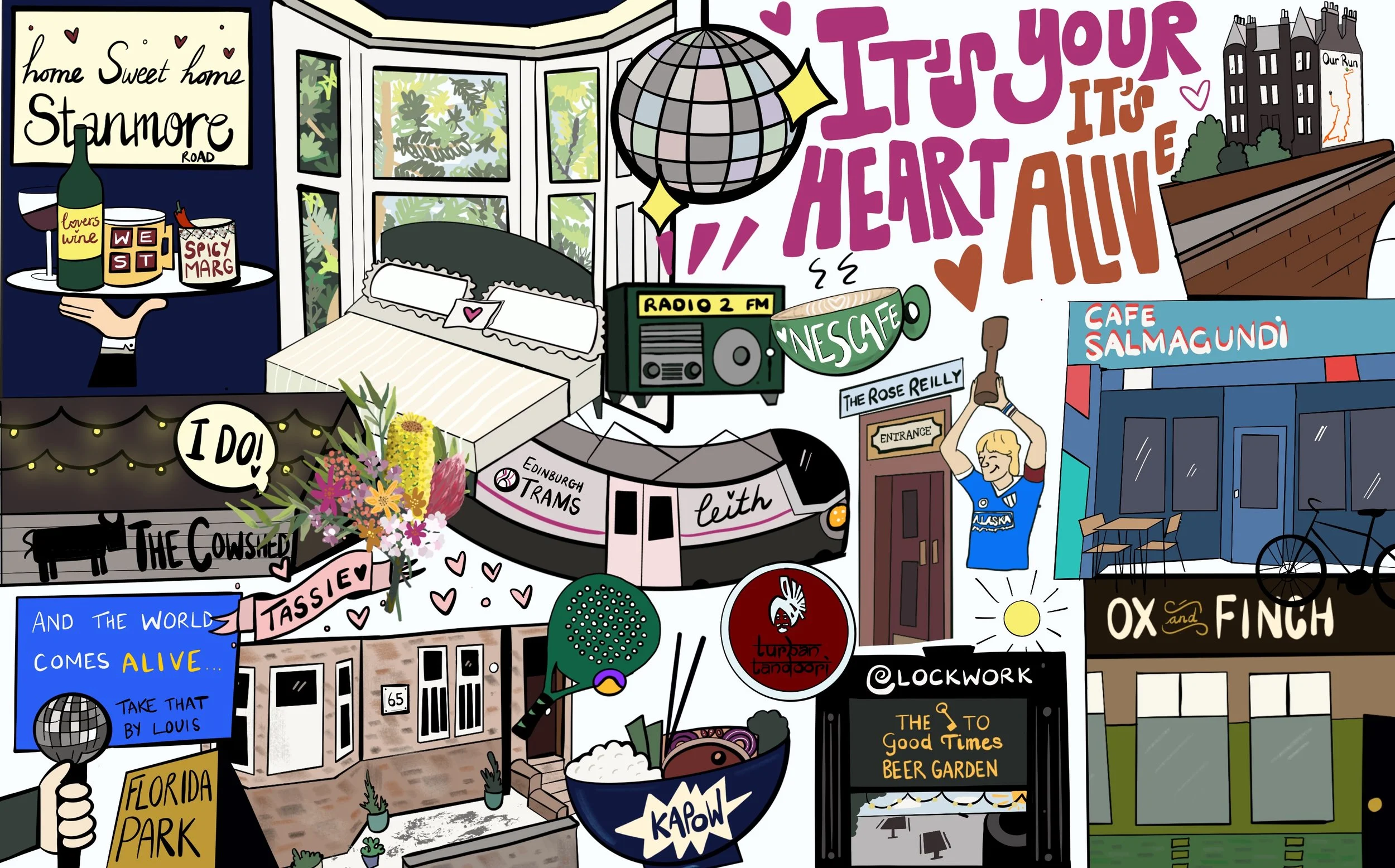 A colorful illustrated collage featuring various scenes and objects including a sign that says "home Sweet home Stanmore ROAD," a bed in front of windows, a radio with "RADIO 2 FM" and "NESCAFÉ," a person holding a bottle, a cafe named "Café Salmundi